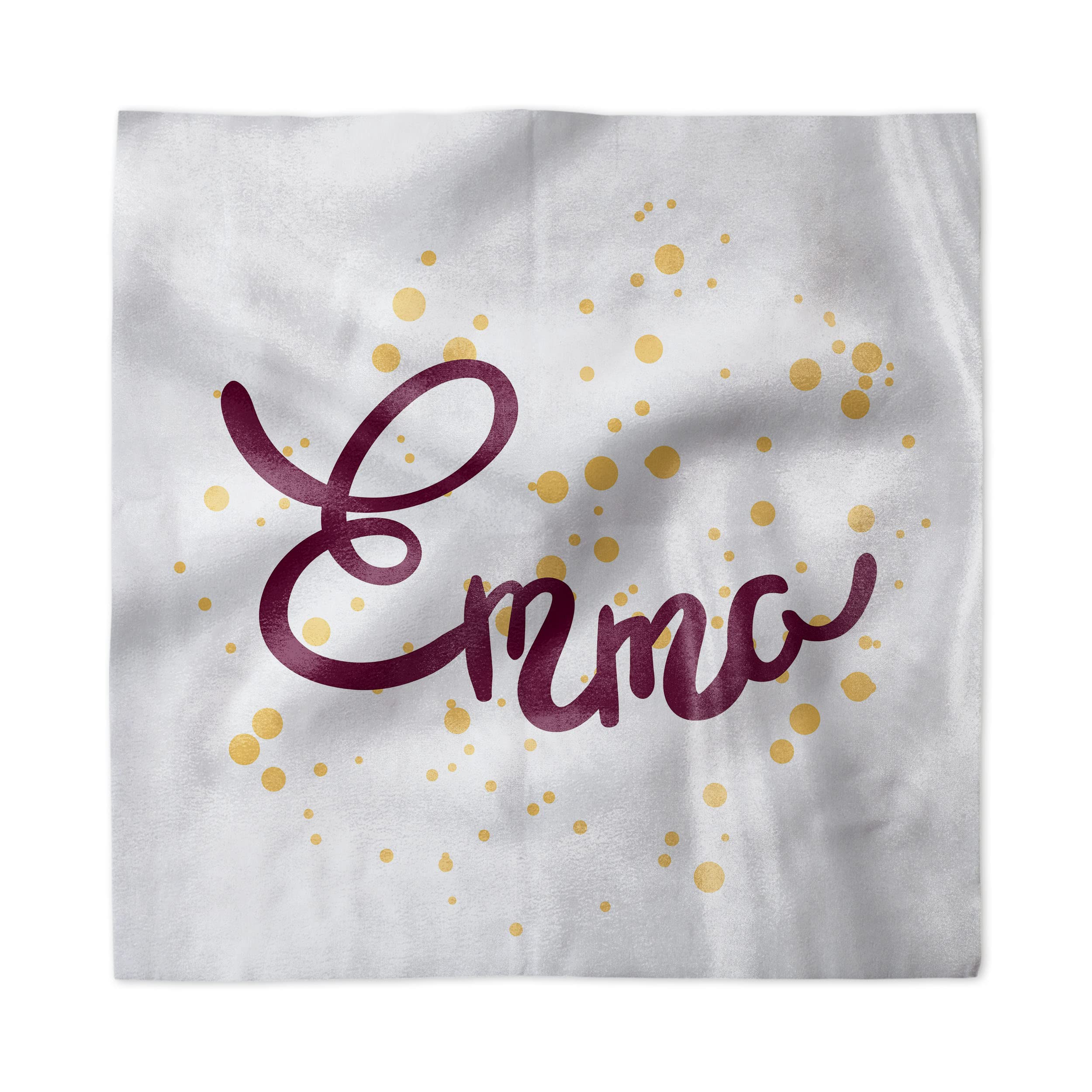 Ambesonne 4-Pack Decorative Napkins - Feminine Emma Name Design with Handwritten Letters, Curves & Swirls | 18x18 Inch Satin Fabric Napkins for Brunch, Dinner Party, Buffet & Special Occasions | Purple & Mustard Color Set | Elegant Table Setting Accessories
