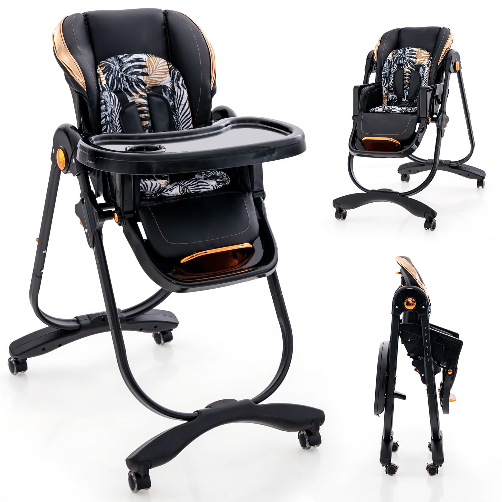 Baby Joy Foldable High Chair with Adjustable Height, Backrest & Footrest - Double Removable Tray & Wheels - Portable Dining Chair for Babies & Toddlers 6-36 Months (Black) - Perfect for Home, Restaurant & Travel Use