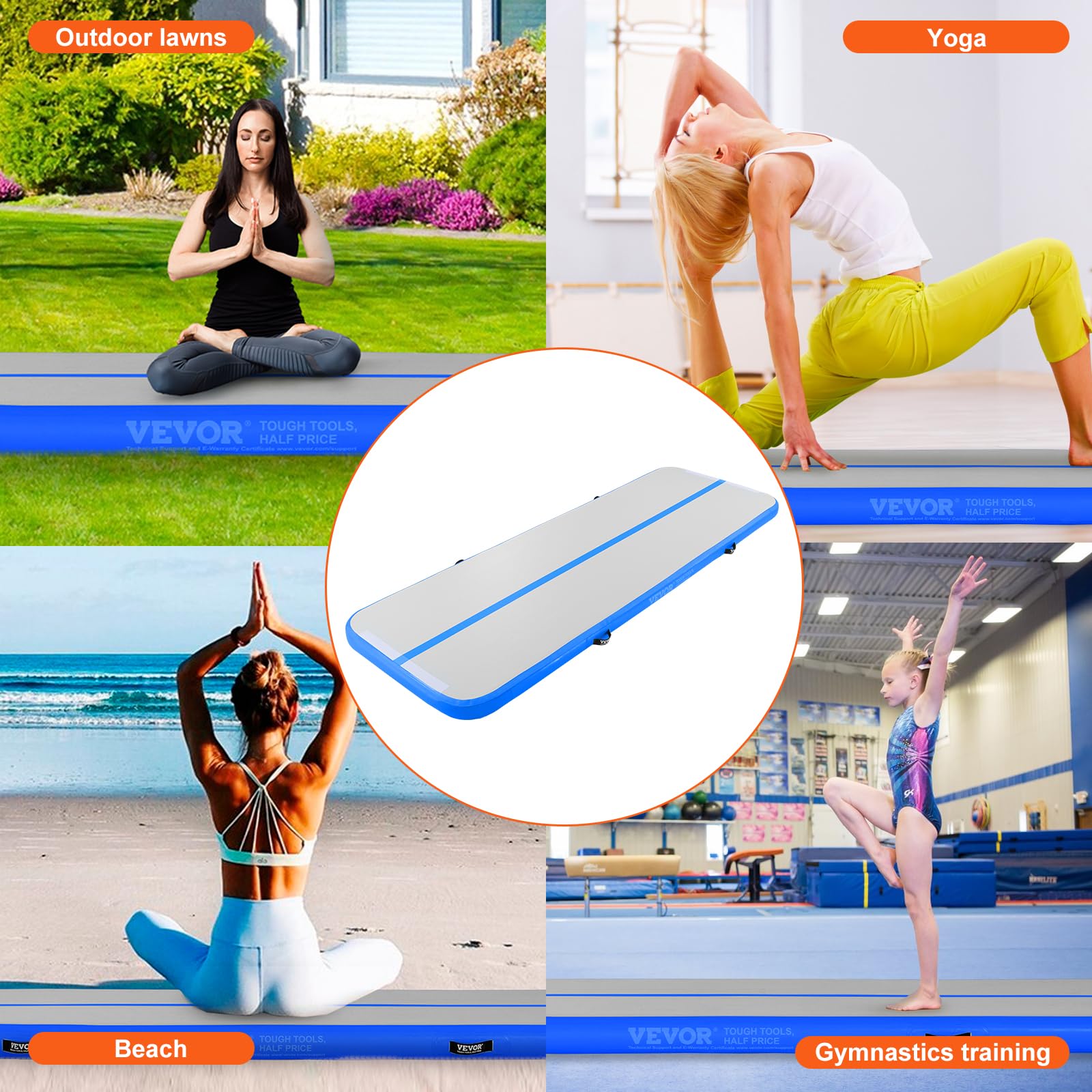 VEVOR 4-Inch Thick Inflatable Gymnastics Air Mat with Electric Pump - 10ft Blue Tumbling Mat for Home Gym, Yoga, Cheerleading, Beach & Park Training - Perfect for Indoor Practice, Outdoor Exercise & Water Activities