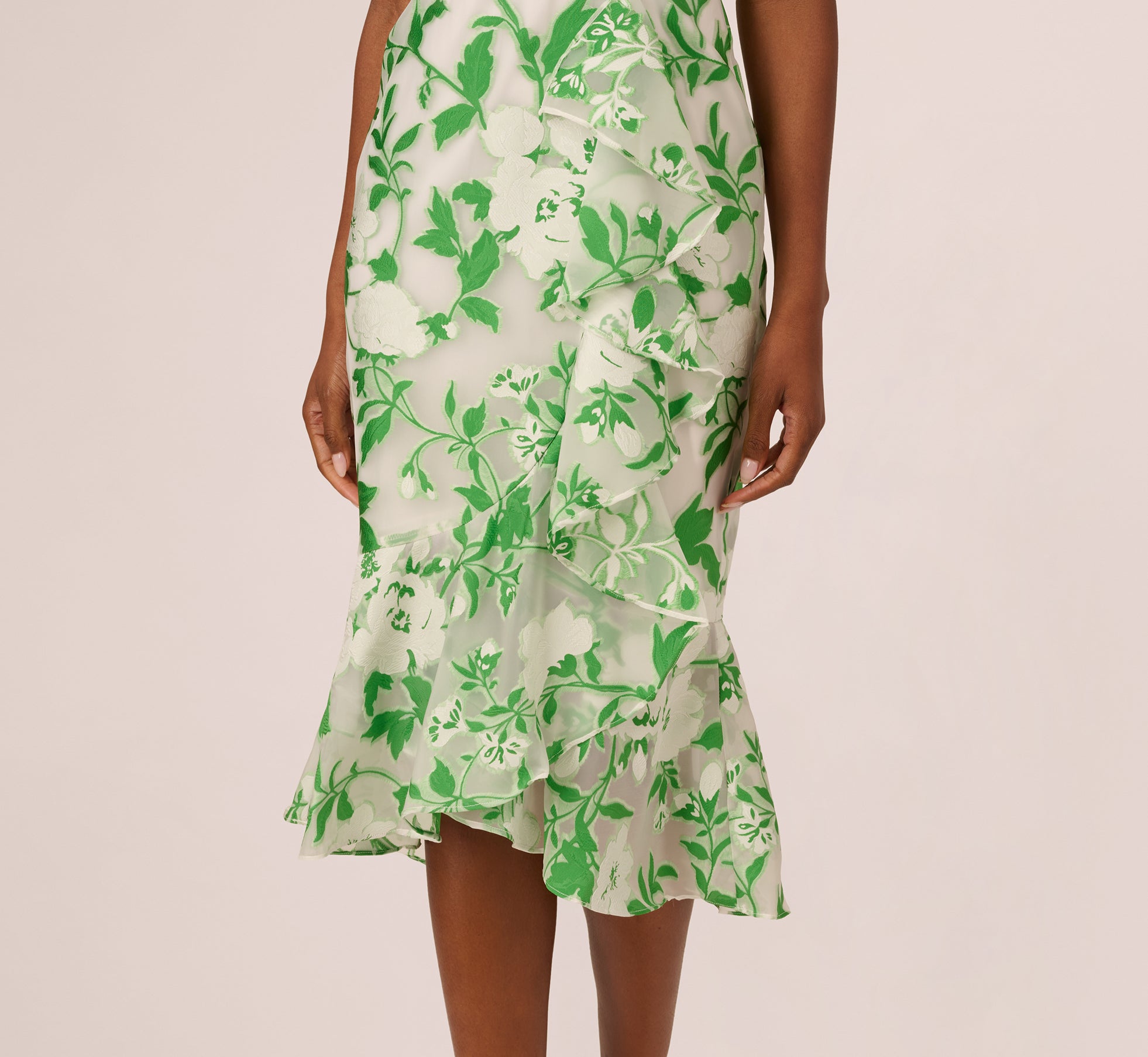 Elegant Sleeveless Organza Jacquard Mermaid Midi Dress in Green Ivory - Perfect for Weddings, Cocktail Parties & Formal Events