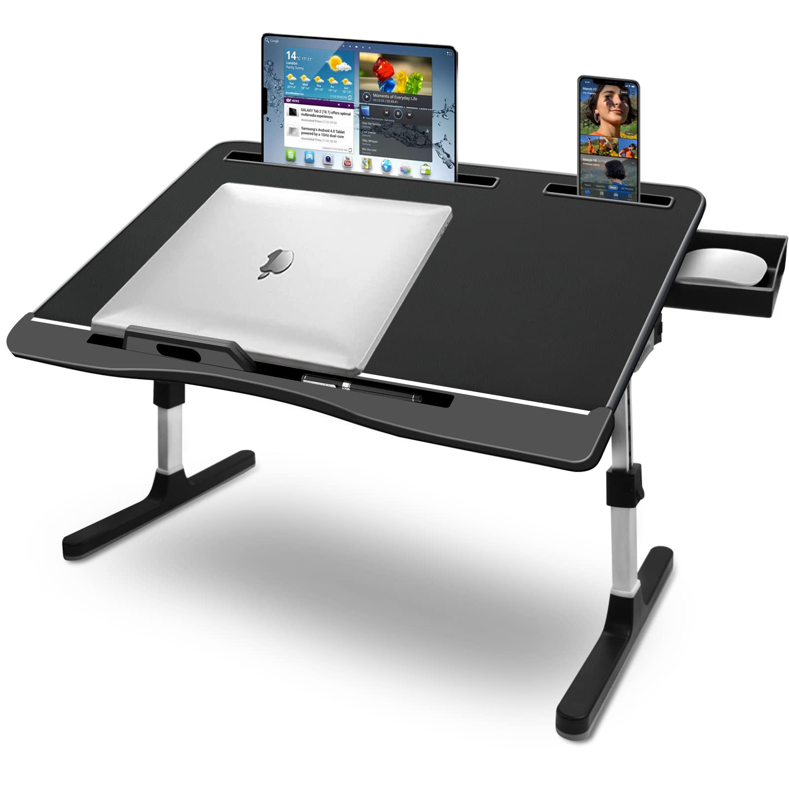 Adjustable Foldable Laptop Bed Tray with Storage Drawer & Phone Holder - Portable Bed Desk for 17