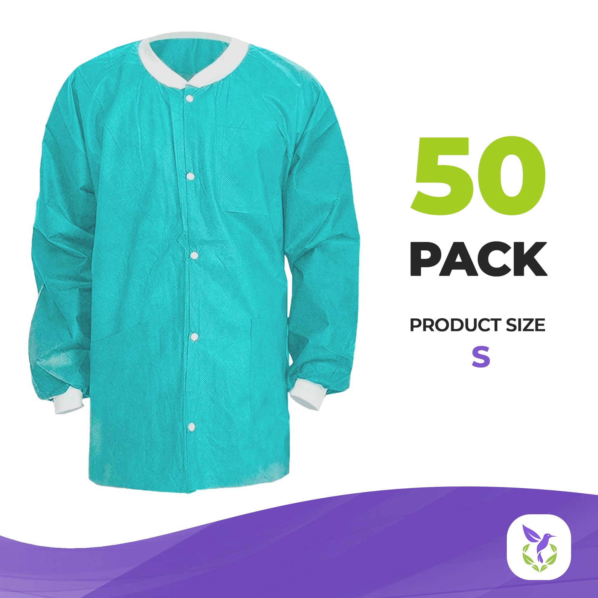 AMZ Medical Supply Teal Disposable Lab Coats with Pockets - Small (Pack of 50) | 45 GSM SMS Dental Jackets | Hip-Length Snap Front Design with Knit Cuffs & Collar | 3 Functional Pockets | Ideal for Dental Clinics, Laboratories & Healthcare Settings