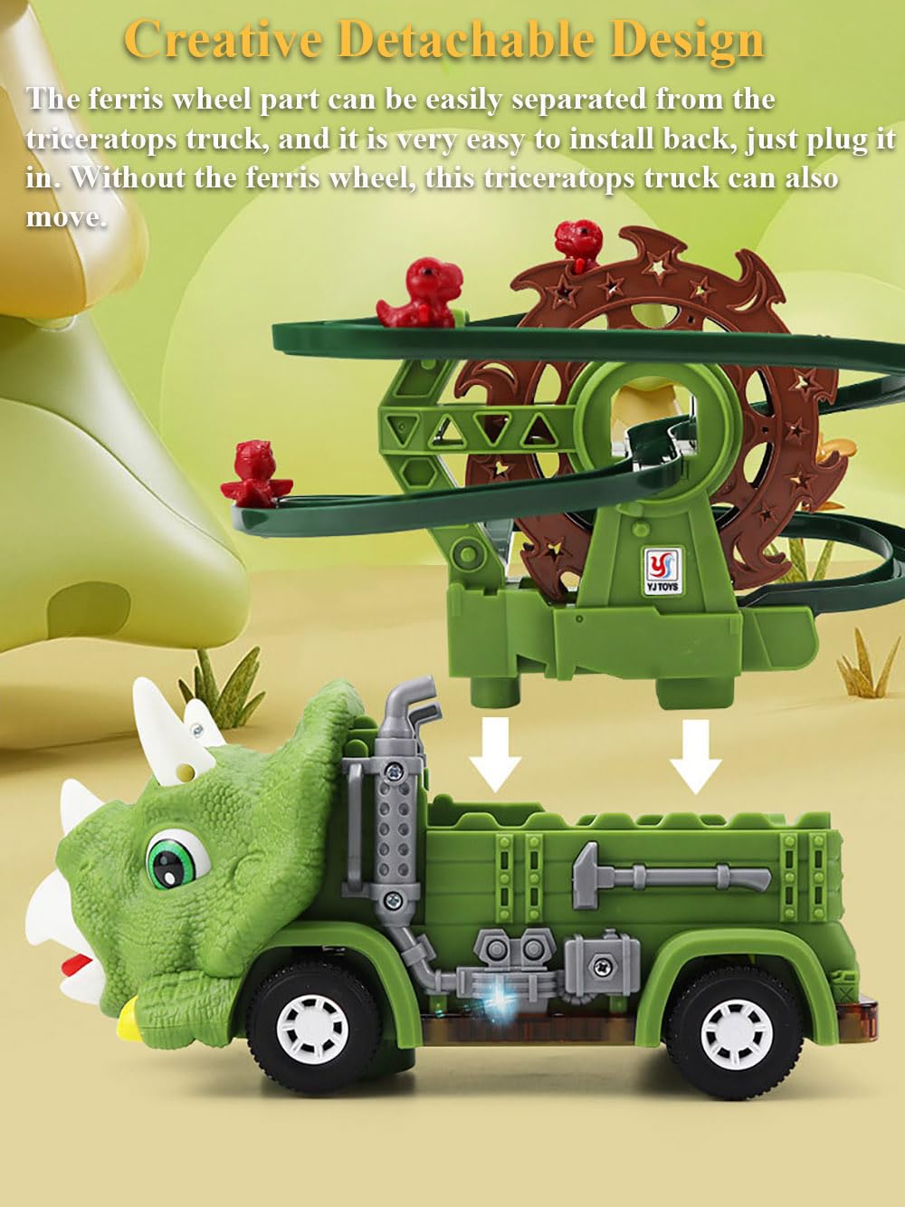 2 in 1 Dinosaur Slide Toy Set - Triceratops & T-Rex Automatic Sliding Track with Ferris Wheel & Race Truck - STEM Educational Toys for Kids Ages 3-8 - Perfect for Birthday Gifts & Indoor Playtime