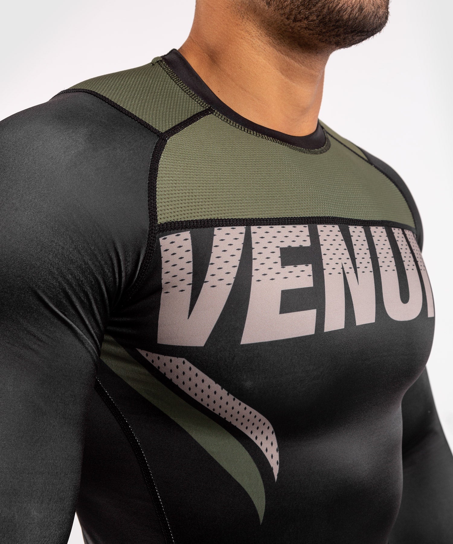 Venum ONE FC Impact Rashguard Long Sleeves - Black/Khaki - MMA Training, BJJ, Grappling & Combat Sports Rash Guard for Men & Women