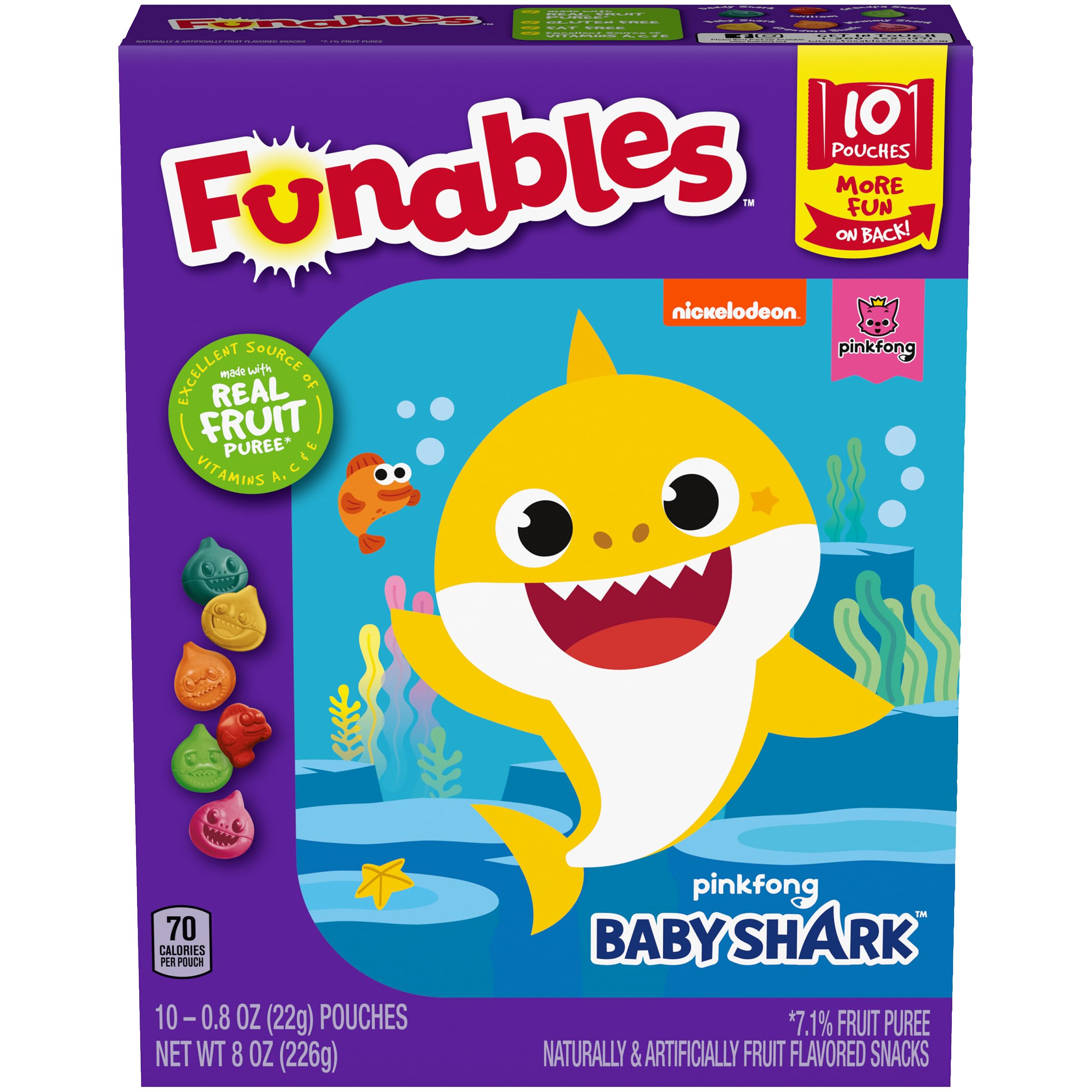 **Funables Baby Shark Assorted Fruit Flavored Snacks - 0.8 oz (10 Count) - Healthy Kids Snacks for Lunchboxes, School, and On-the-Go**