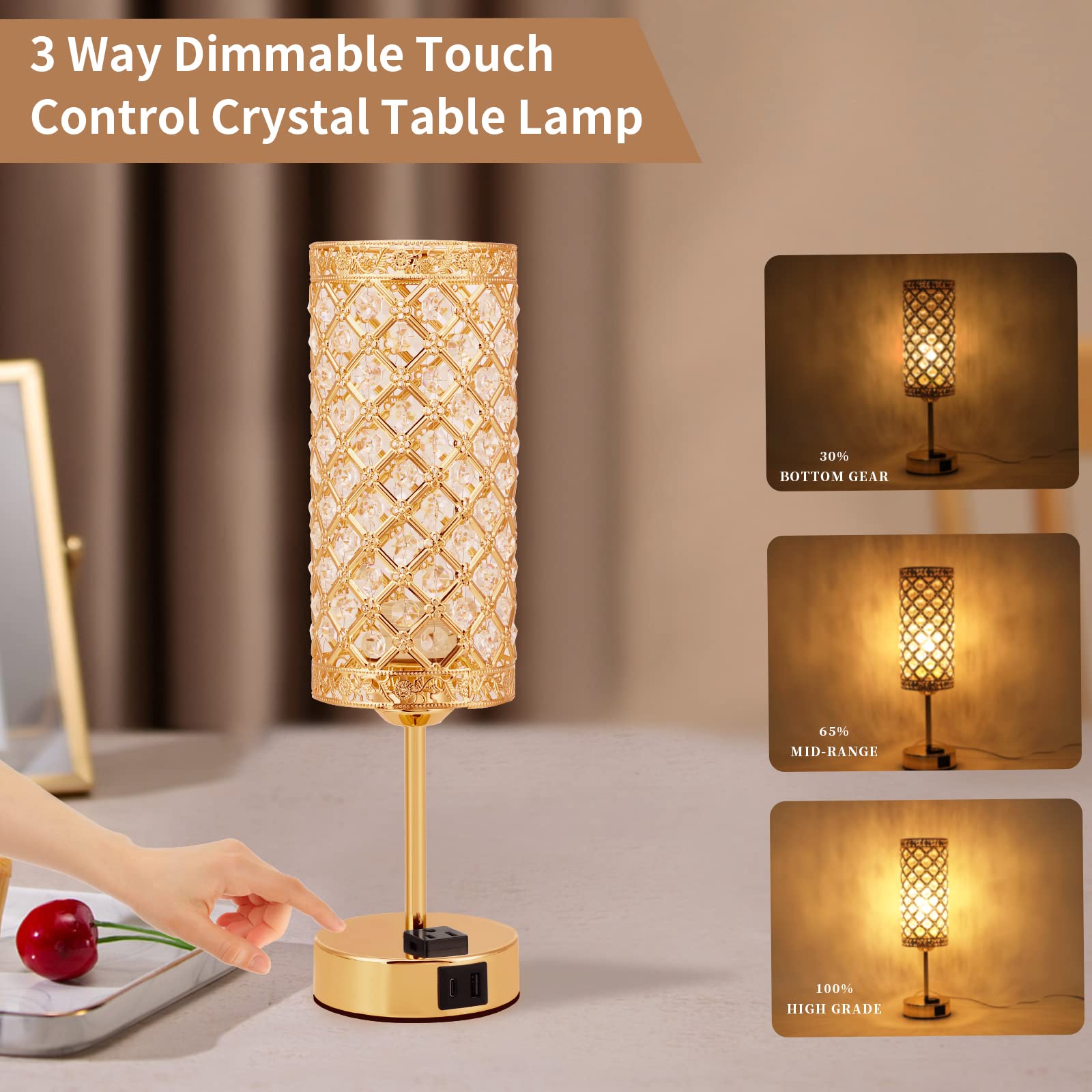 Modern USB Crystal Table Lamp with Gold Finish - 3-Way Dimmable LED Nightstand Light, USB A+C Charging Ports & Multiple Outlets - Perfect for Bedroom, Living Room, Sofa Table & Office Desk Decor