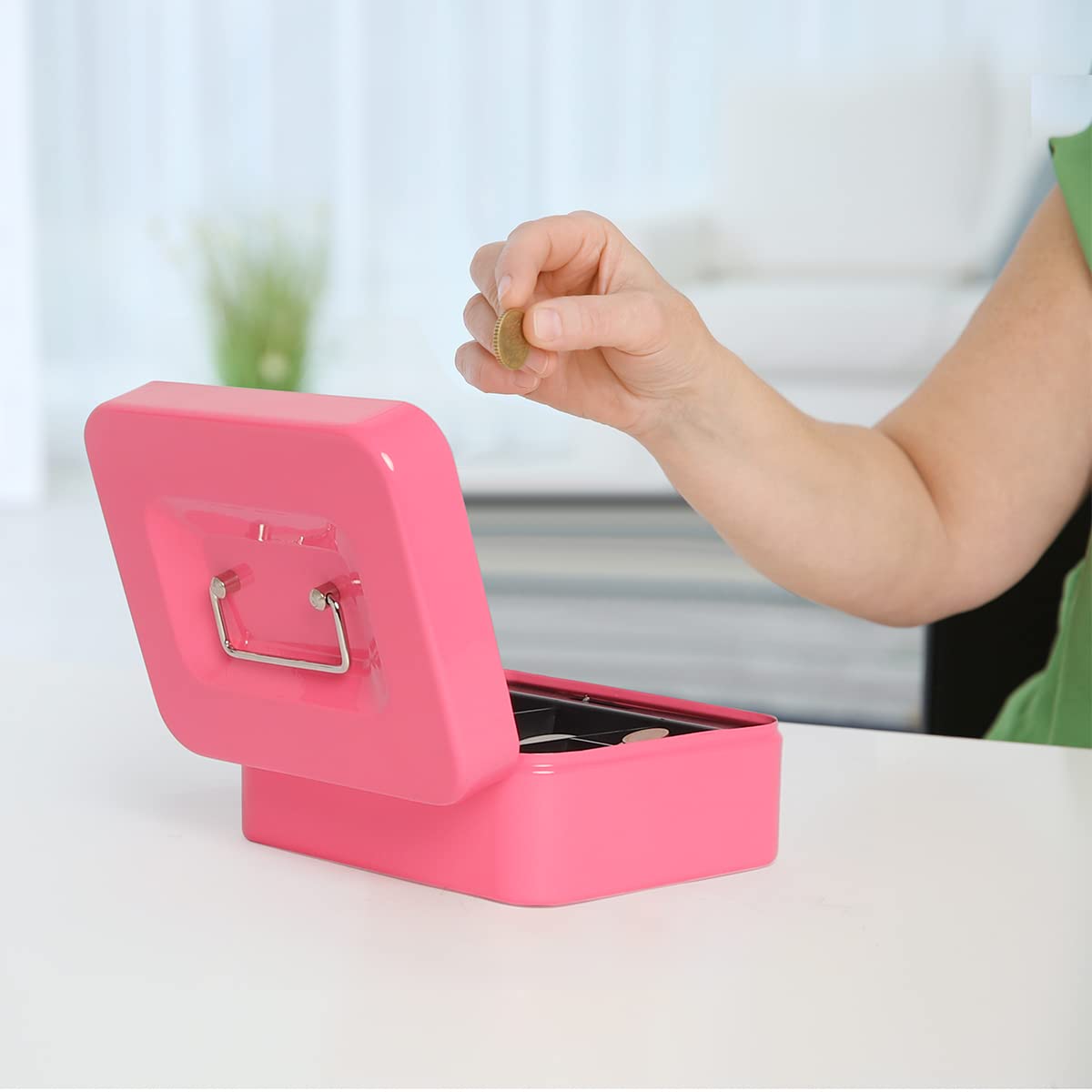 Pink Small Cash Box with Money Tray & Key Lock - 7.87
