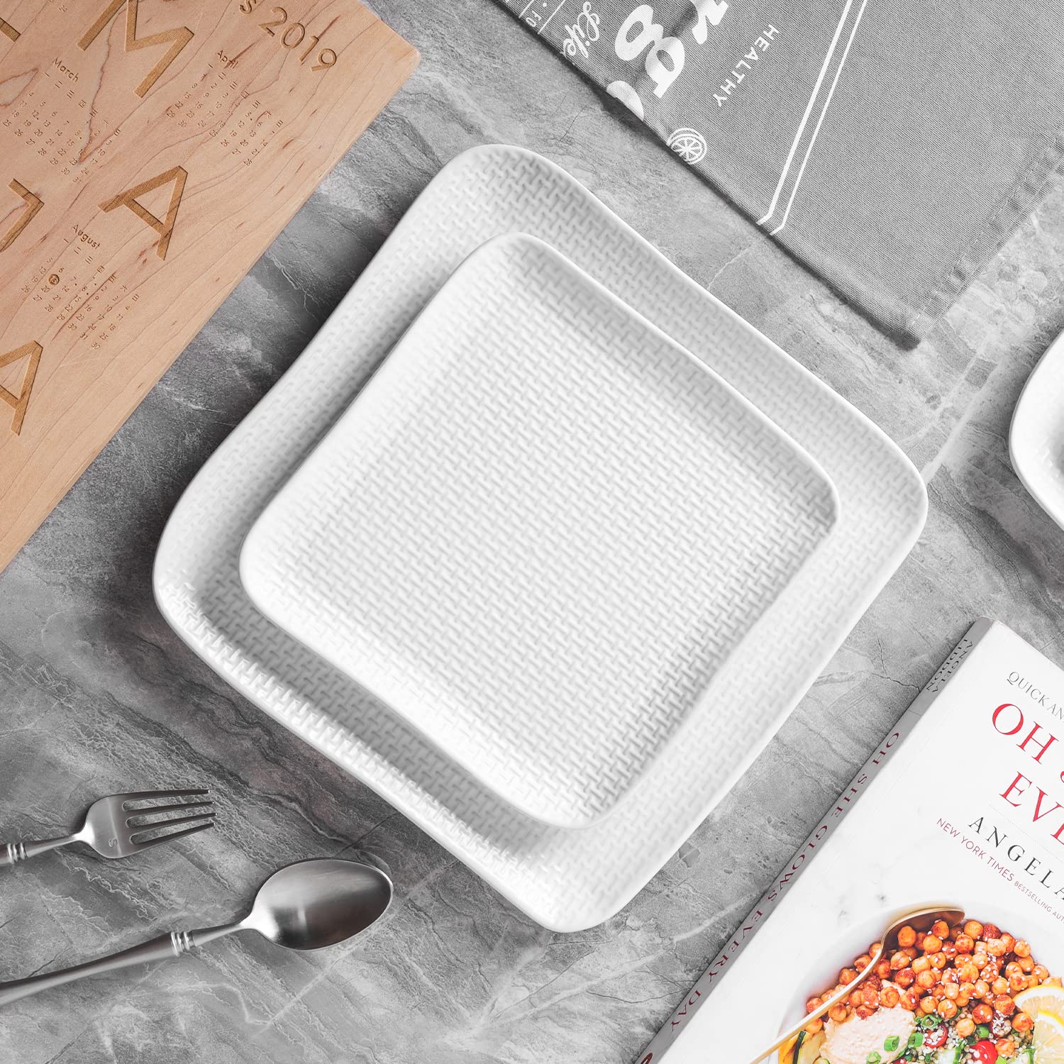Olivia White Stoneware Dinner Plate Set of 4 - Durable Stone Lain Weave Design for Everyday Meals & Formal Dining - Microwave & Dishwasher Safe