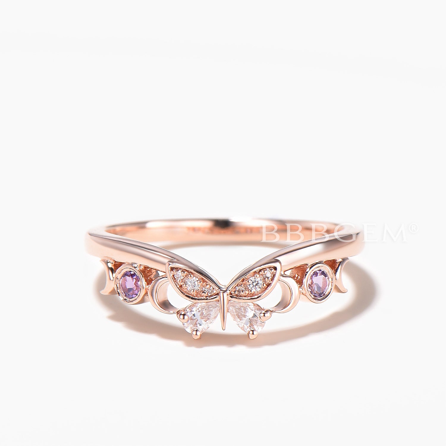 Mixed Cut Moissanite Butterfly Wedding Ring - Round Amethyst Curved Band for Women - Elegant Bridal Jewelry, Anniversary Gift & Engagement Ring for Special Occasions