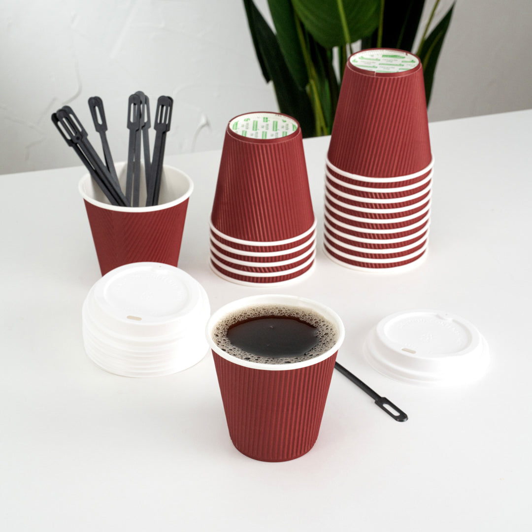 8 oz Crimson Red Ripple Wall Paper Coffee Cups with White Lids - 20 Count Box (3.5