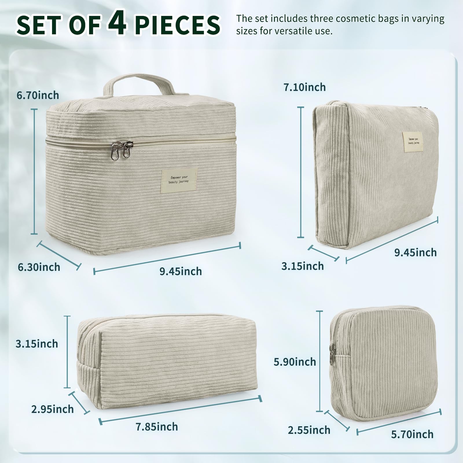 4 Pcs Corduroy Makeup Bags for Women - Aesthetic Cute Cosmetic Organizer Set with Zipper, Multi-Size Travel Toiletry Pouches (Beige) | Perfect for Travel, Gym, and Daily Beauty Essentials Storage