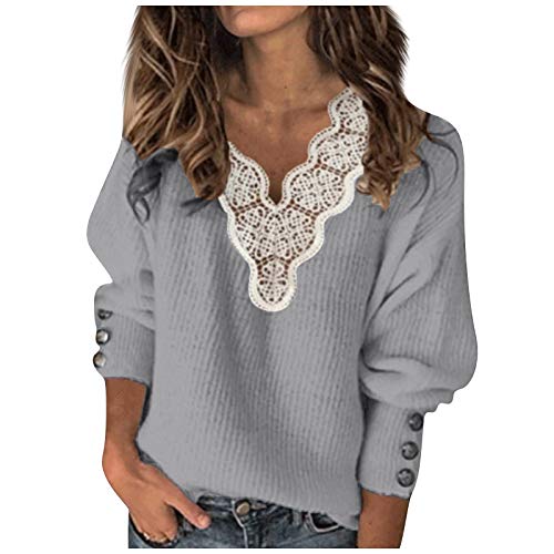 Women's Casual V-Neck Lace Patchwork Sweatshirt - Long Sleeve Loose Blouse Top for Everyday Wear, Date Night & Office Outfits