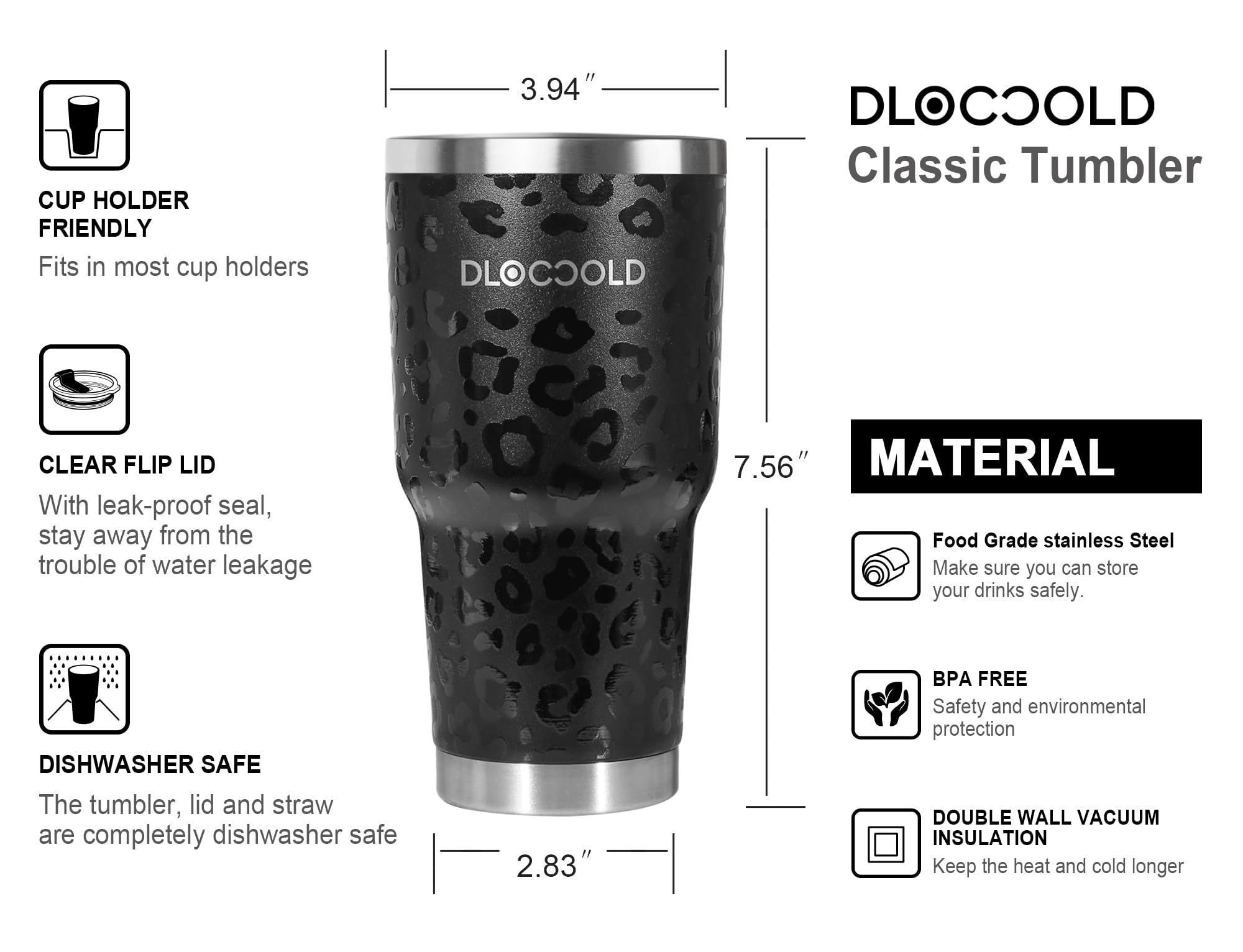 DLOCCOLD 30oz Leopard Tumbler - Stainless Steel Vacuum Insulated Travel Mug with Straw & Cleaning Brush - Perfect for Coffee On-The-Go