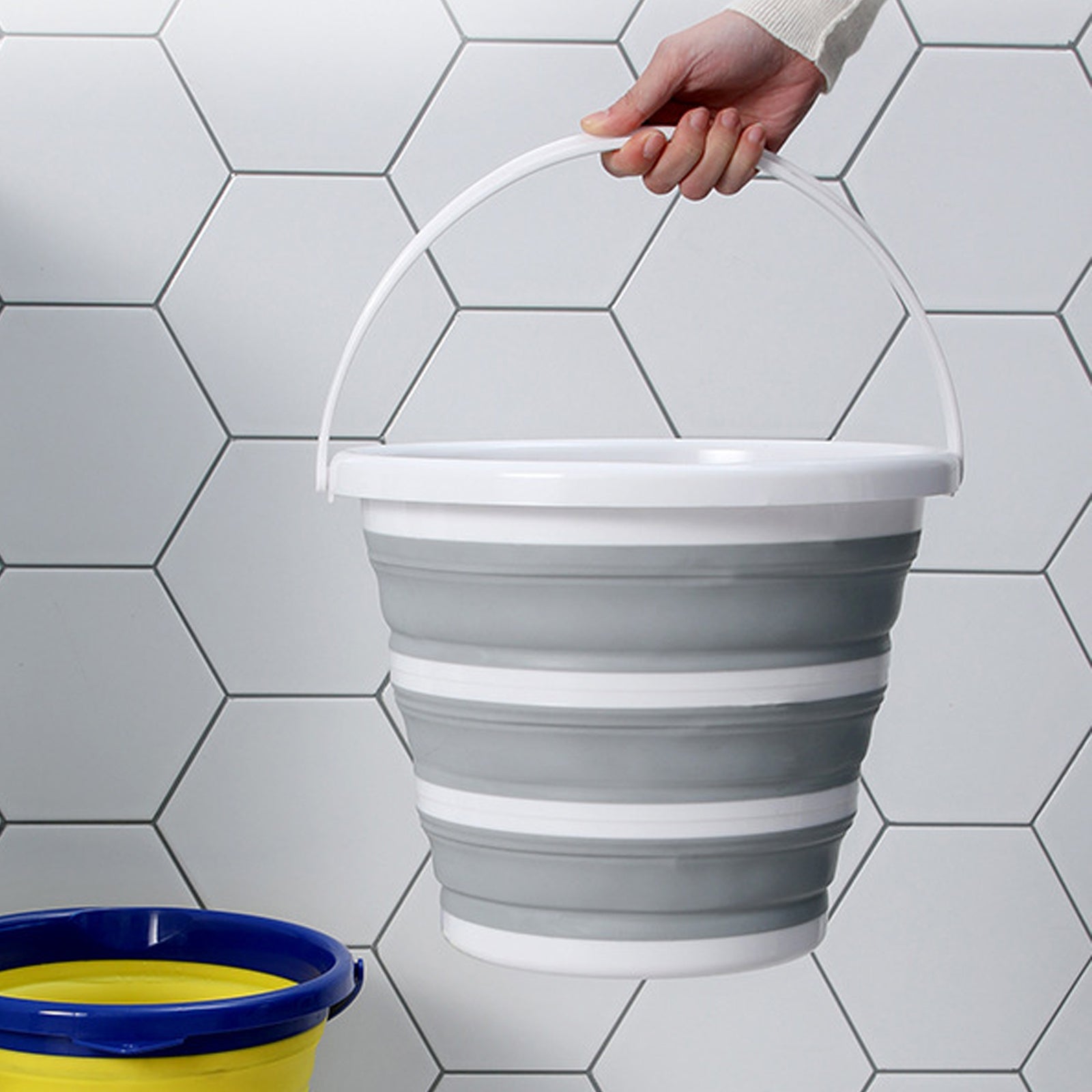 10L Foldable Collapsible Silicone Bucket - Portable Water Container for Home, Hiking, Camping & Fishing (Grey/White) | Perfect for Outdoor Adventures, Car Washing & Pet Bathing