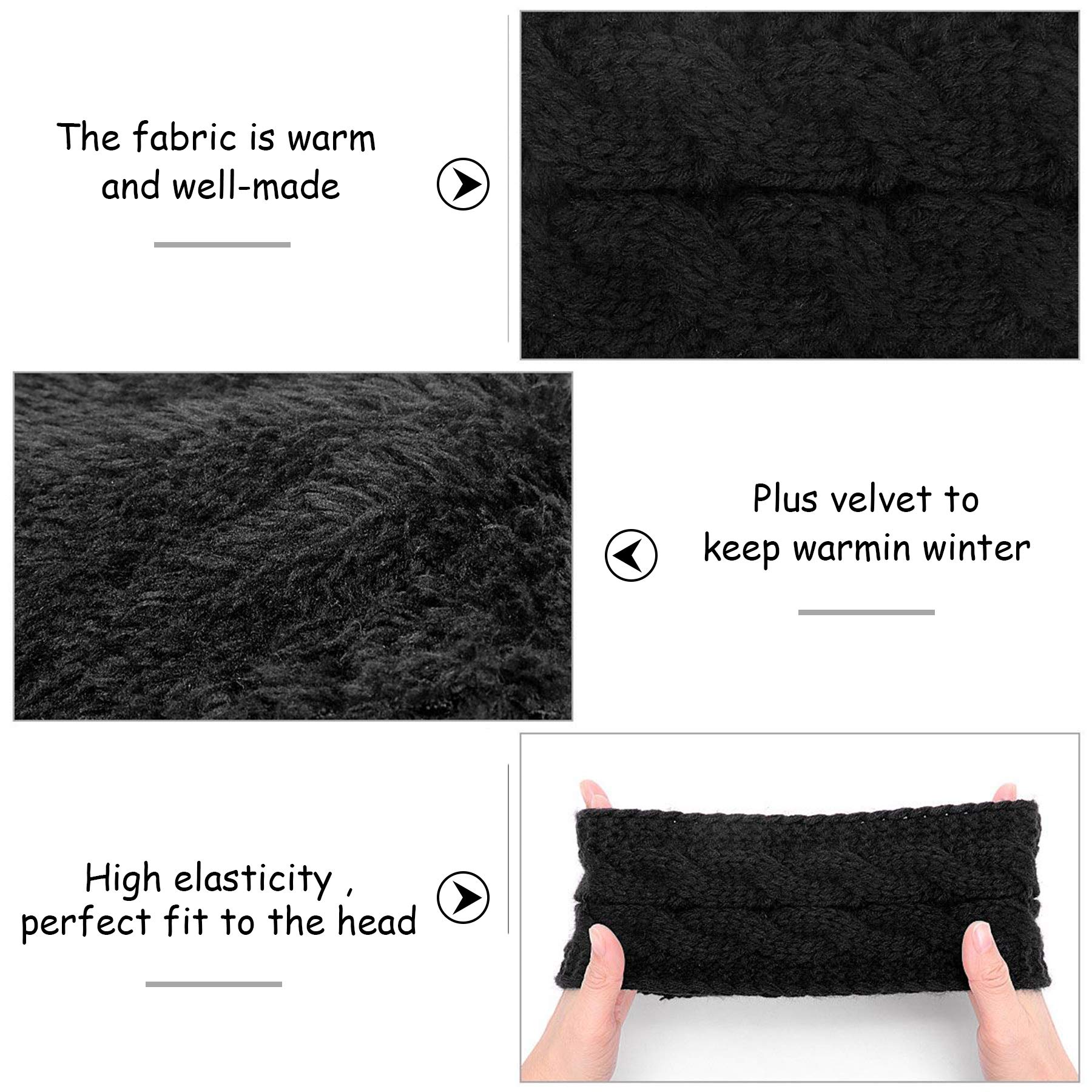 Women's Winter Knitted Headband - Fleece Lined Ear Warmer Headwrap, Crochet Turban Twist Hair Band, Stretchy & Thick for Cold Weather - Perfect for Skiing, Running & Outdoor Activities (JRTD-BK+WHF)