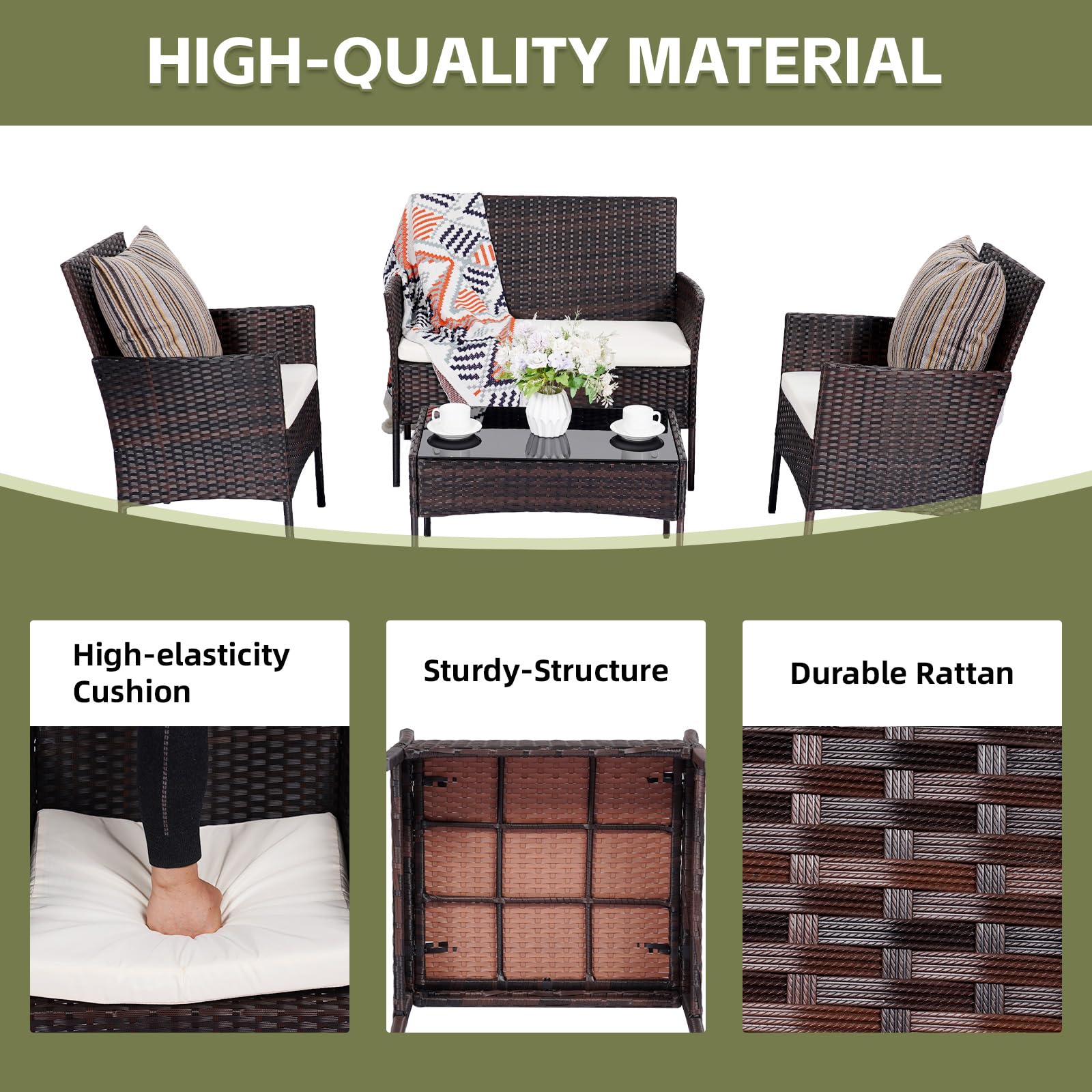 4-Piece Patio Furniture Set with Thick Cushions - Outdoor Wicker Sectional Sofa, Table & Chairs for Backyard, Garden, Poolside or Porch | Durable Brown Rattan Conversation Set for Relaxing & Entertaining