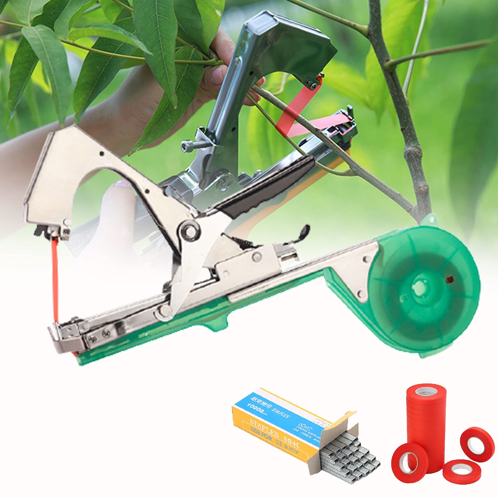 Green Garden Vine Tying Tape & Plant Tying Machine Kit with Tapes & Staples - Support for Grapes, Tomatoes, Vegetables, Fruits & Flowers - Perfect for Home Gardening, Vineyard Support & Plant Training