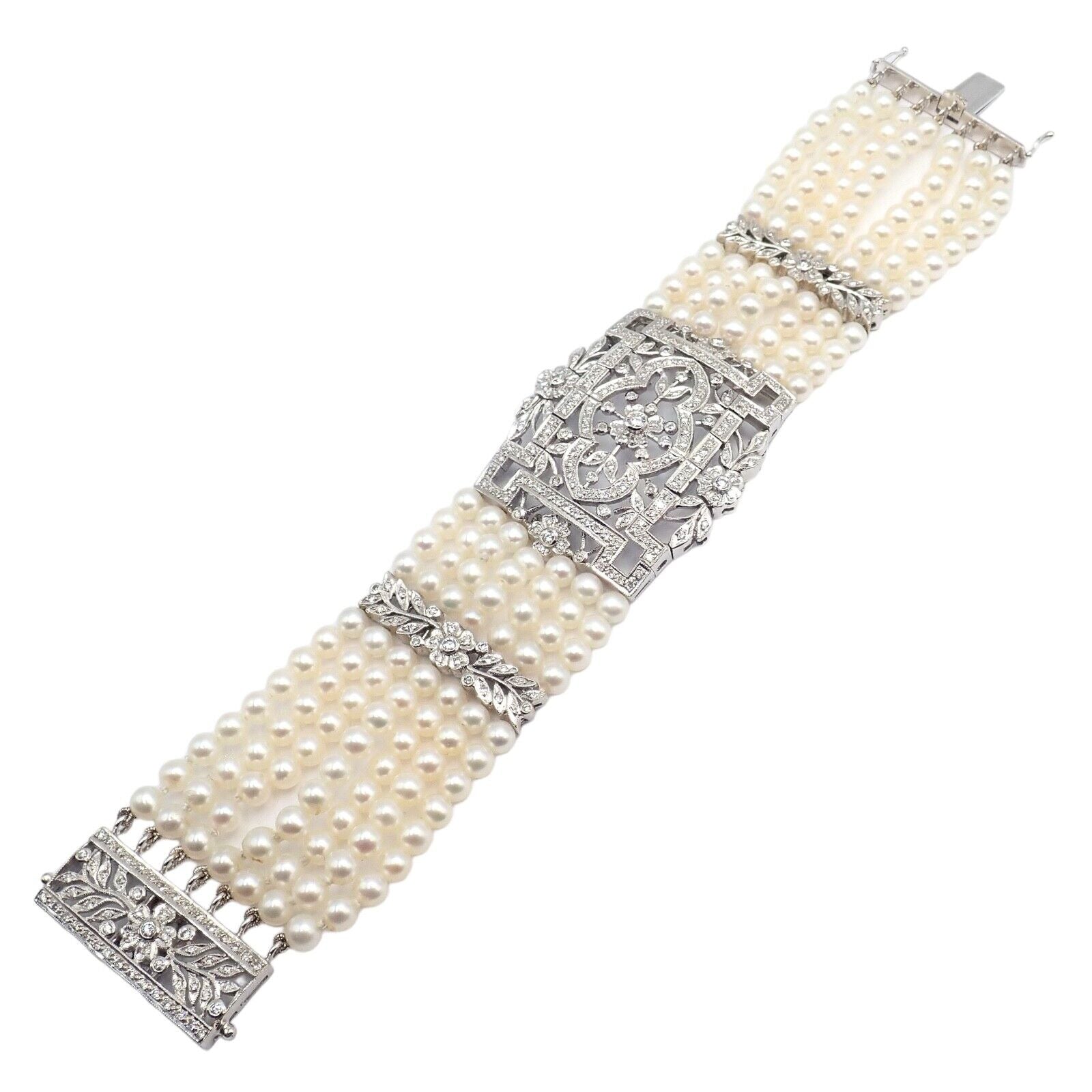 Vintage 18k White Gold Diamond & Pearl Bracelet - 7 Rows 4.5mm Pearls, Elegant Estate Jewelry for Women - Perfect for Weddings, Anniversaries & Special Occasions