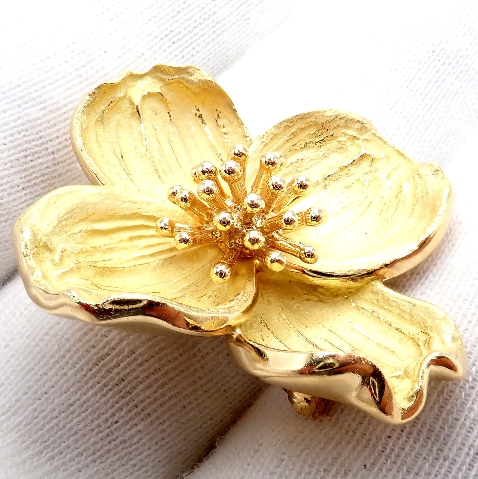 Authentic Tiffany & Co. 18k Yellow Gold Dogwood Flower Pin Brooch - Elegant Jewelry Gift for Women, Perfect for Weddings, Anniversaries & Special Occasions