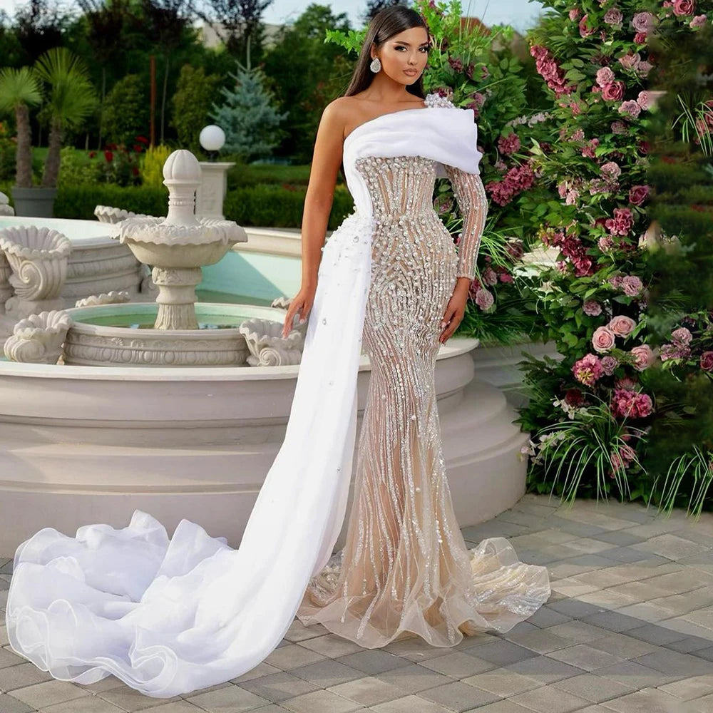 Elegant White One Shoulder Evening Dress with Pearl Beading for Women - Wedding, Prom, Gala & Special Occasions | Serene Hill Luxury Gowns 2025 Collection LA72493