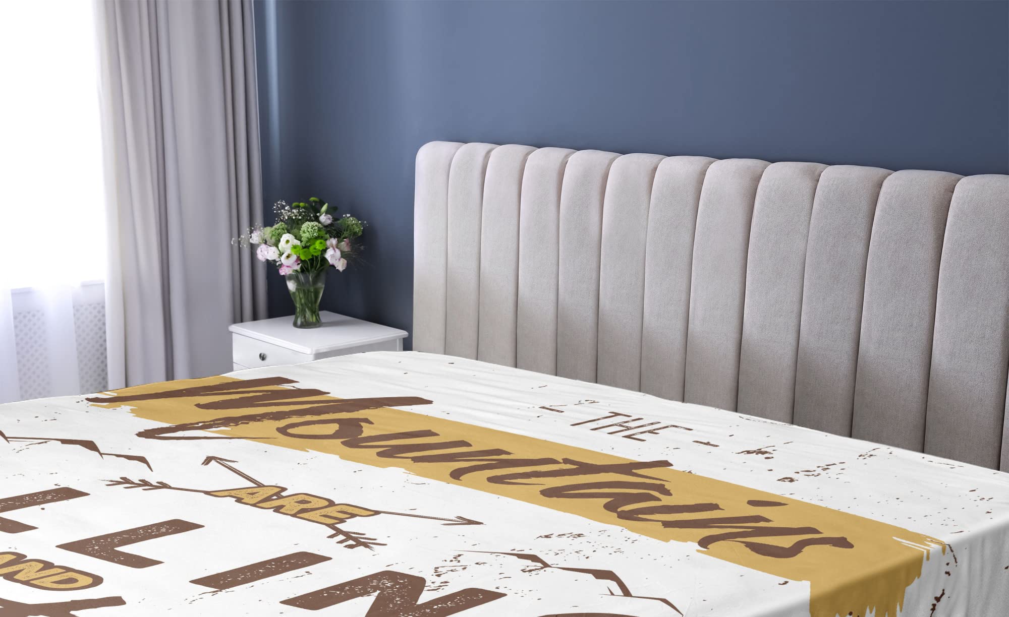 Ambesonne Adventure Queen Size Fitted Sheet - Mountain Travel Inspired Brown Coffee White Bed Cover with Deep Pocket Elastic | Perfect for Camping Enthusiasts & Outdoor Themed Bedrooms