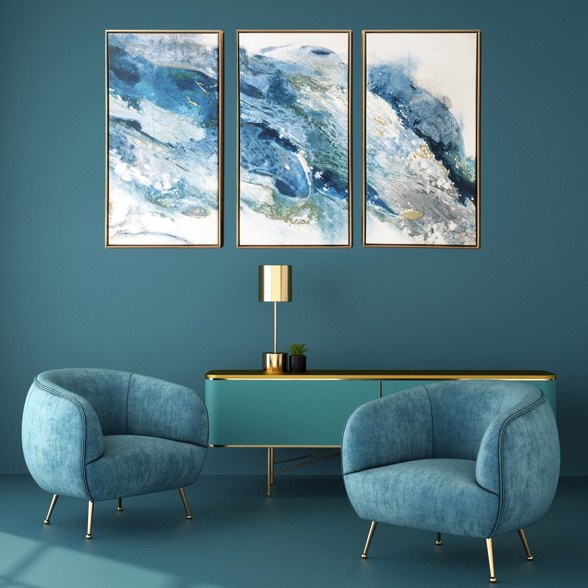 Abstract Turquoise Regalite 3-Piece Canvas Wall Art Set - Gold Floating Frame, Large Print Modern Home Decor for Living Room, Bedroom & Office