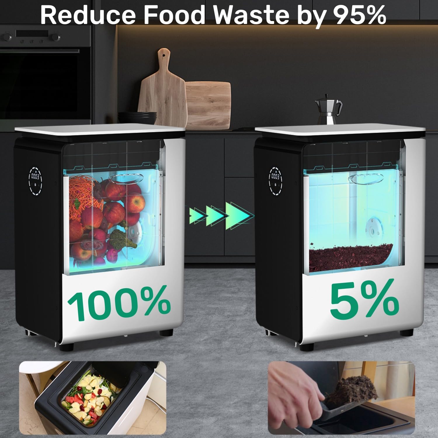 GEME Electric Kitchen Composter - 19L Smart Food Waste Composter Machine, Converts Food Scraps to Organic Compost Fast, No Dehydration Needed | Perfect for Eco-Friendly Homes, Small Gardens & Sustainable Living