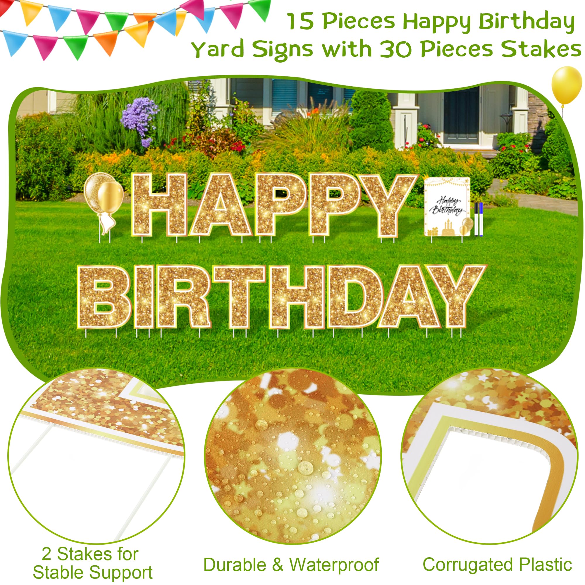 Elcoho 15 Pack Gold Happy Birthday Yard Signs with Stakes - Lawn Decorations Set with Balloon Designs for Outdoor Birthday Party Decor - Perfect for Backyard Celebrations, Garden Parties & Front Yard Displays