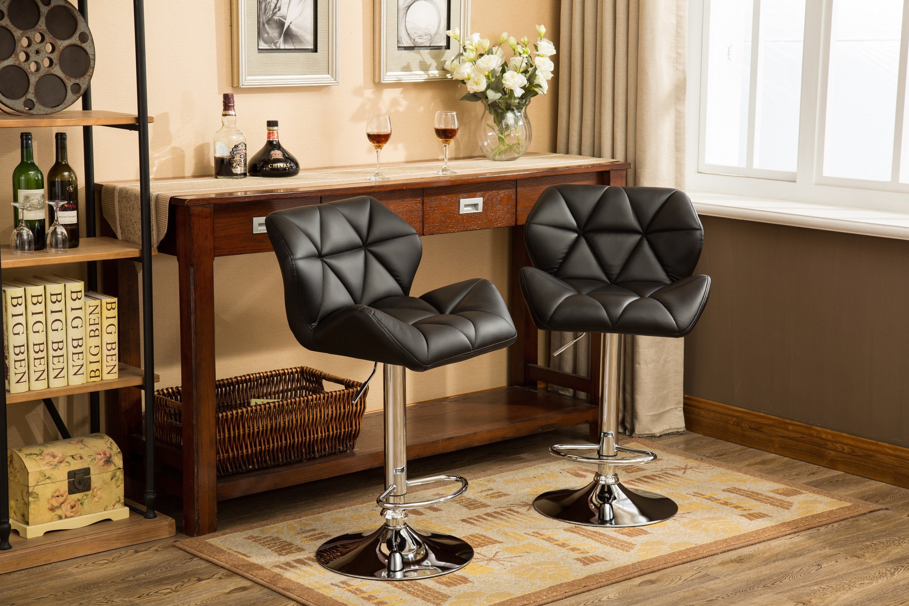 Roundhill Furniture Glasgow Contemporary Tufted Adjustable Height Hydraulic Bar Stools, Black, Set of 2 - Perfect for Kitchen Islands, Home Bars & Modern Dining Areas