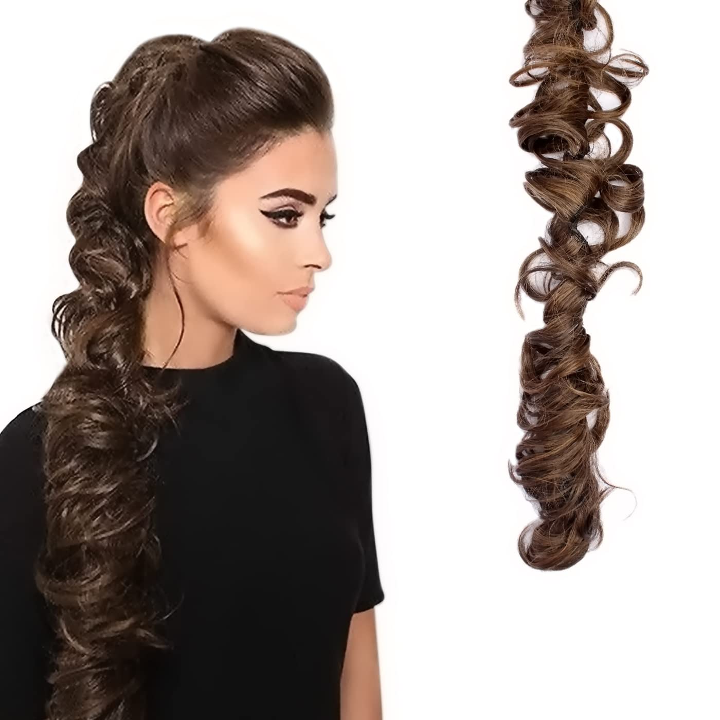 Kabello Long Hair Frill Extension for Juda Bun & Ponytail - Instant Brown Highlighted Clip-in Hairpiece for Quick Styling | Perfect for Weddings, Parties & Daily Hairstyles