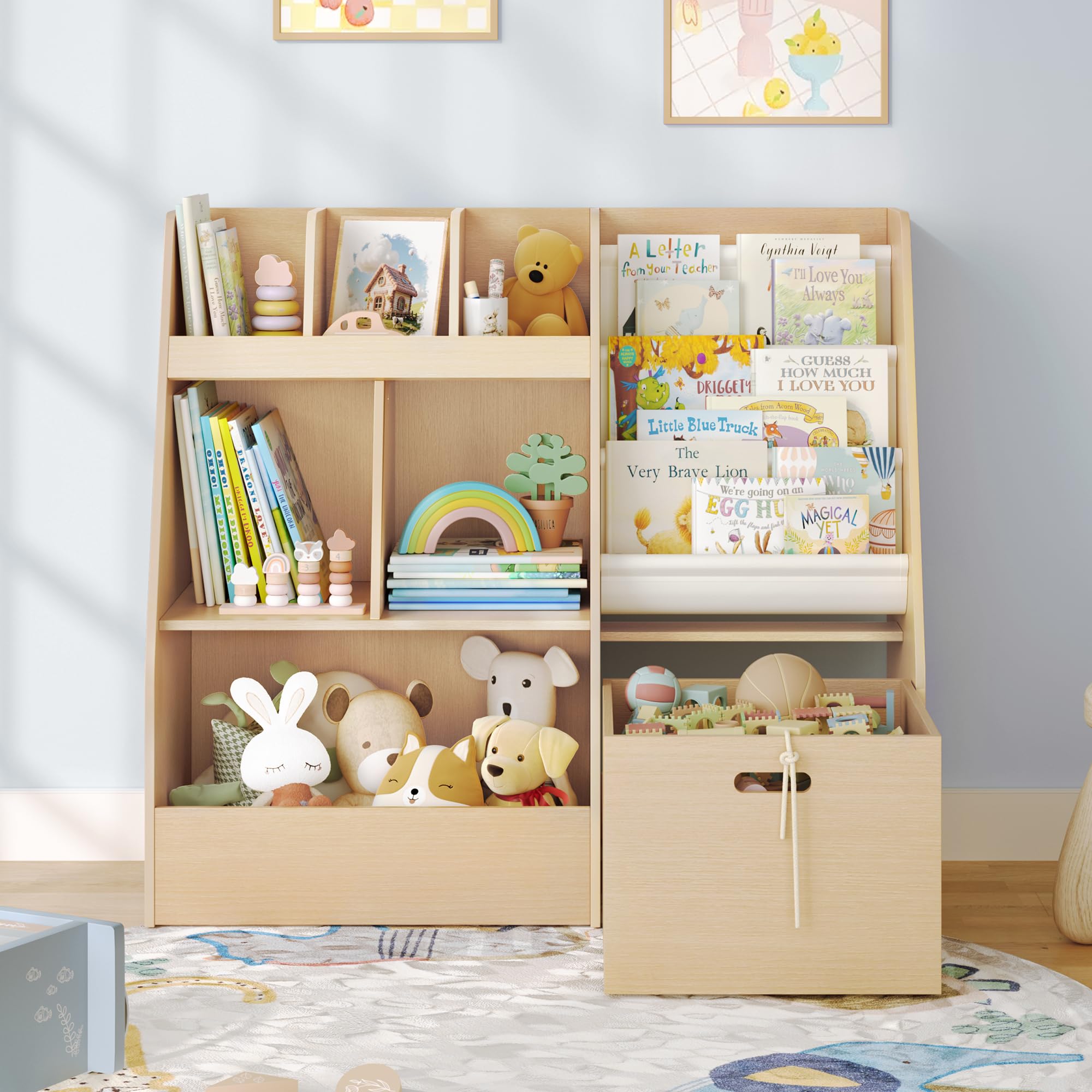 4 in 1 Kids Bookshelf and Toy Storage Organizer - 3-Tier Toy Organizer with Removable Bins, Toddler Book Shelf with Storage Cubbies for Nursery & Playroom - Perfect for Organizing Books, Toys & Learning Supplies in Kids Bedroom, Daycare or Classroom
