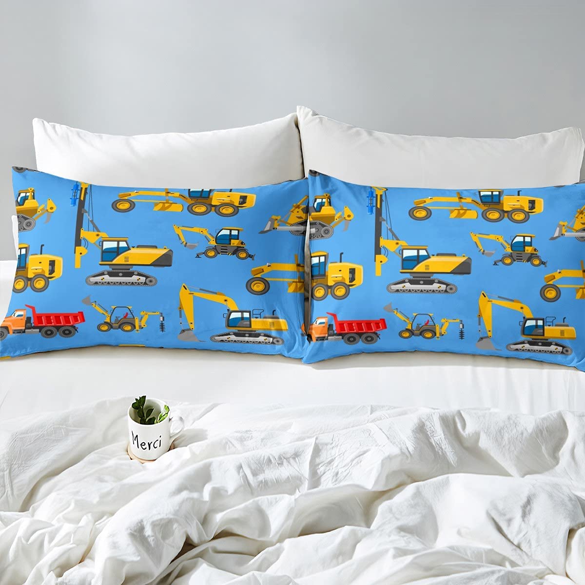 Kids Construction Excavator Truck Fitted Sheet Set - Queen Size Yellow Tractor Print Bedding for Boys & Girls (1 Top Sheet, 1 Fitted Sheet, 2 Pillowcases) - Perfect for Themed Bedrooms, Birthday Gifts & Construction Lovers