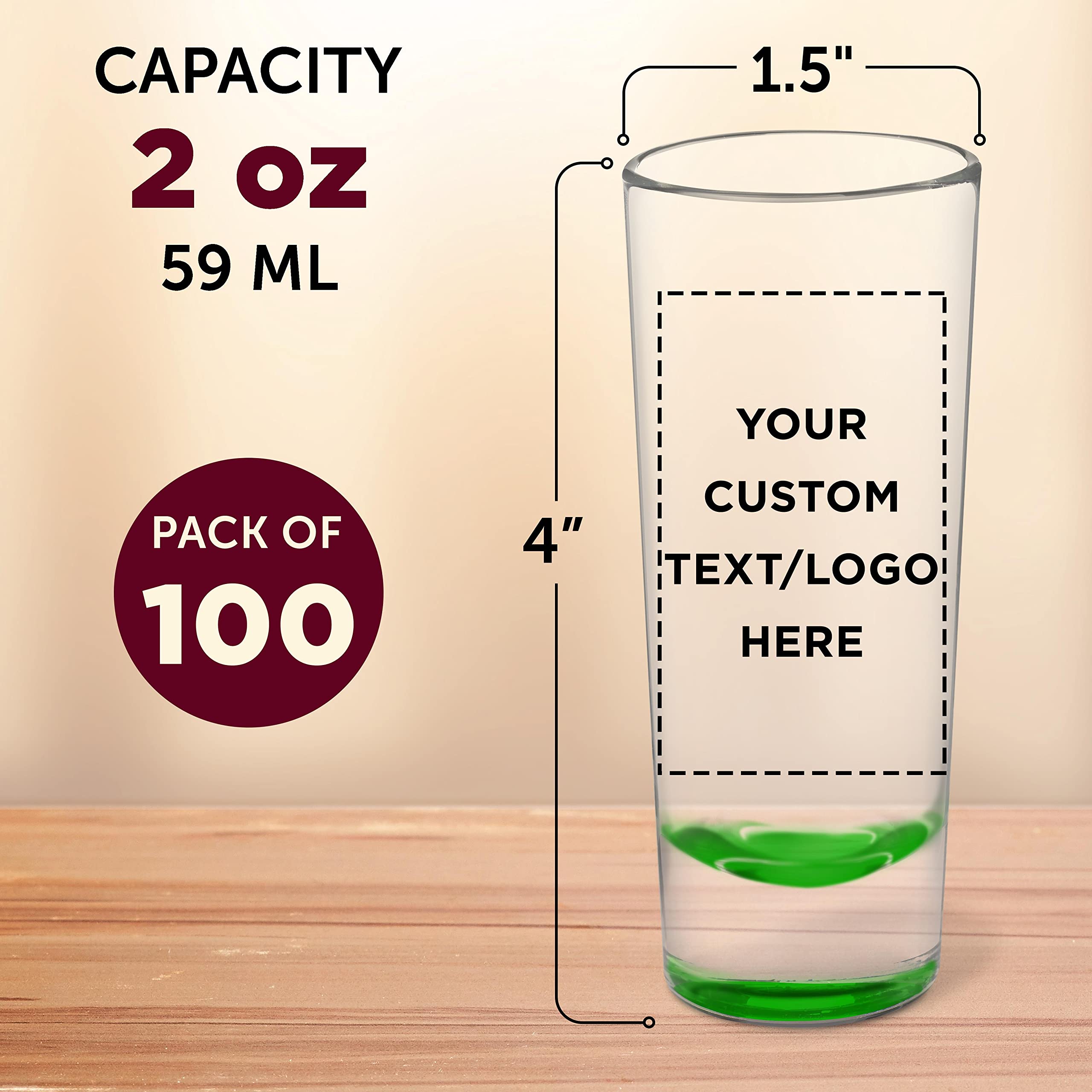 Customized 2 oz Cordial Shot Glasses Bulk Set of 100 - Personalized Party Drinking Glasses for Birthdays, Weddings & Events - Durable Green Glassware for Bars, Restaurants & Home Entertaining