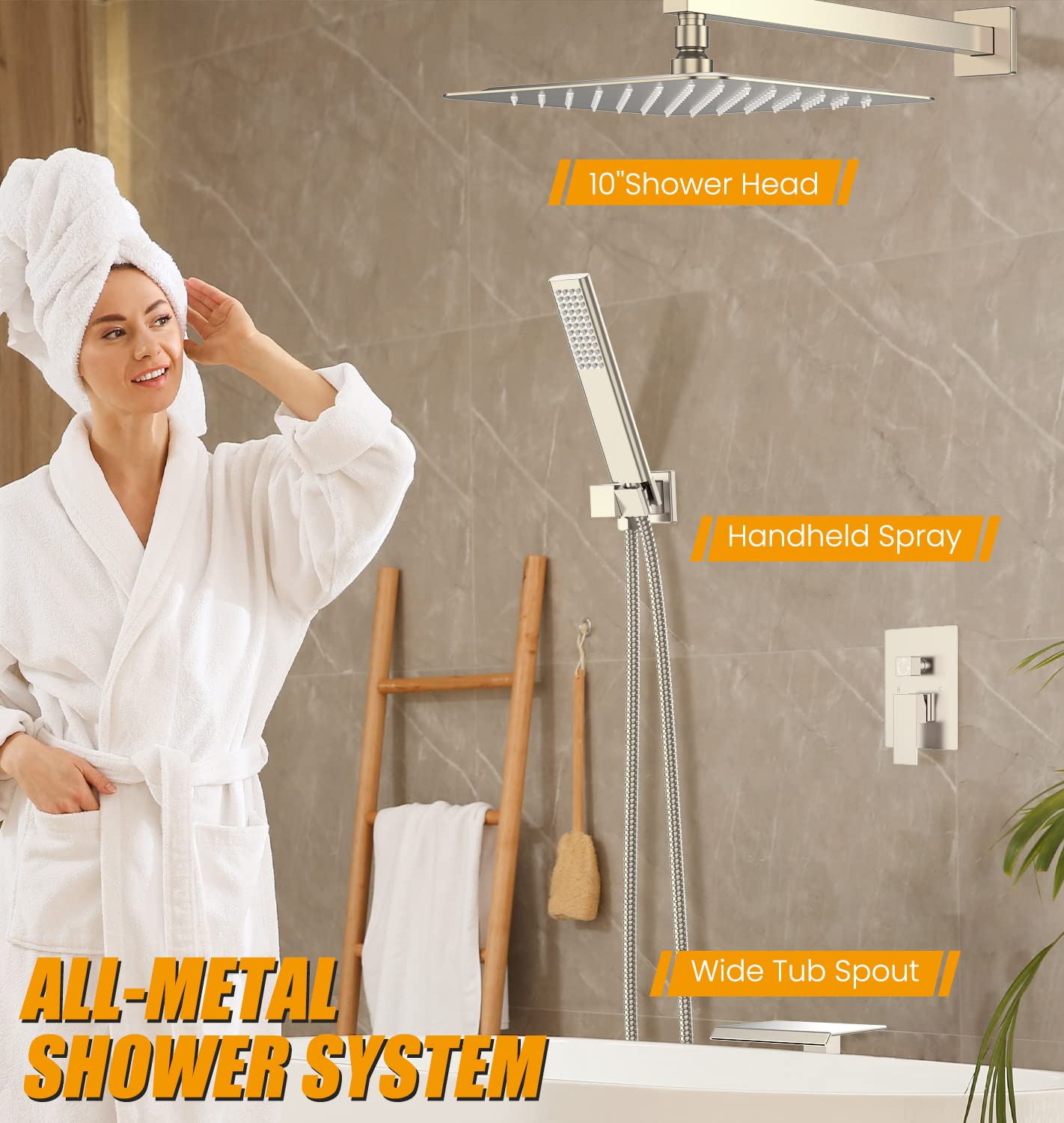 EMBATHER 10 Inch Brushed Nickel Shower System with Tub Spout - High Pressure Rain Shower Head & Handheld Spray - Complete Bathroom Faucet Set with Valve & Trim Kit - Perfect for Master Bath & Spa-Like Shower Experience
