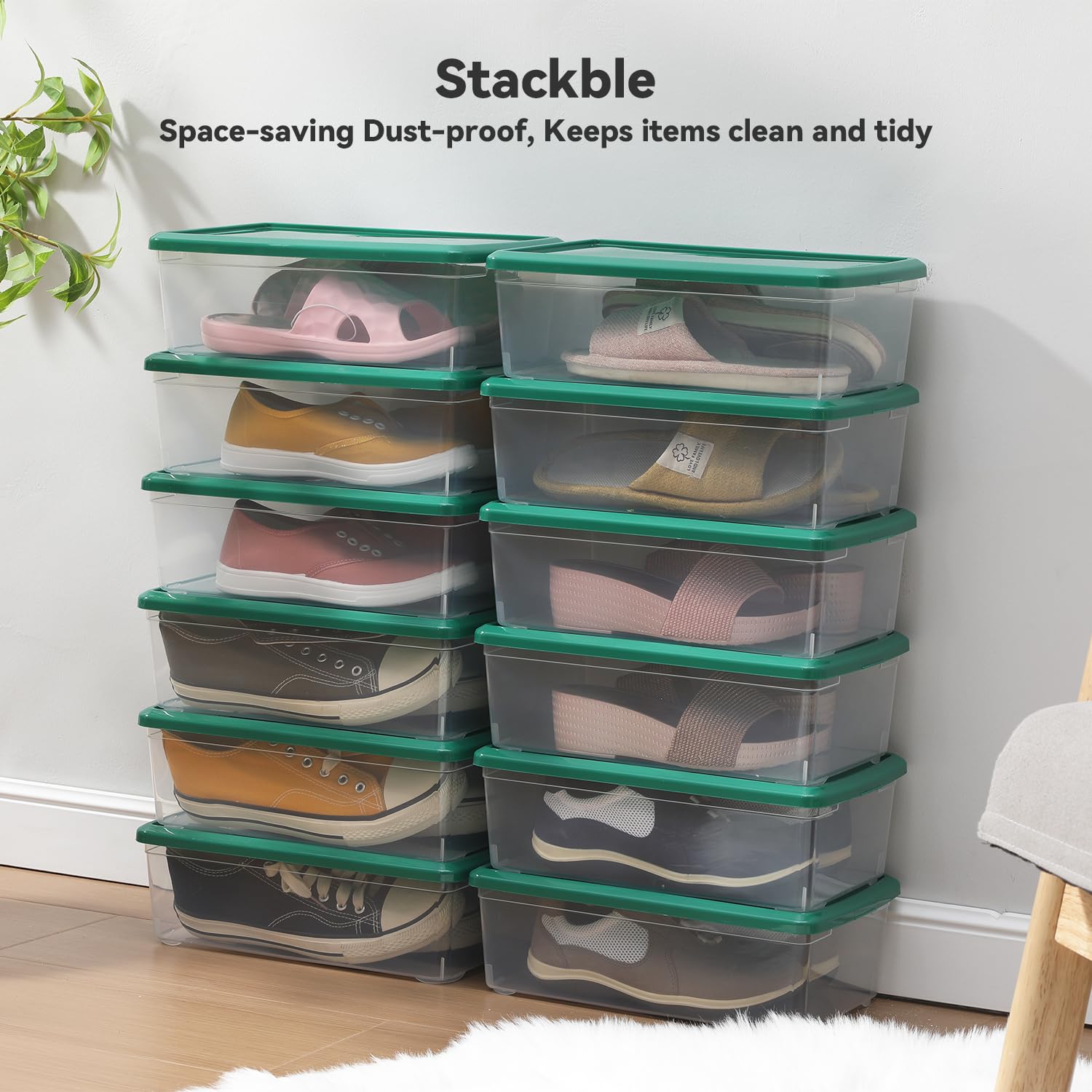 Stackable Clear Plastic Storage Bins with Lids - 12 Pack 6 Quart Organizer Containers, Latching Storage Box for Home, Office & Pantry Organization (Green) - Perfect for Closet, Kitchen & Garage Storage