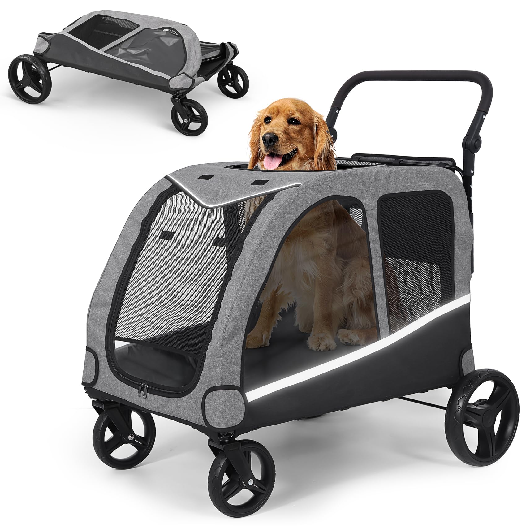 Extra Large Dog Stroller for 2 Big Dogs - Heavy Duty Pet Wagon & Carriage with Foldable Design, Adjustable Handle & Storage Pocket - Supports Up to 160 lbs - Perfect for Park Walks, Vet Visits & Shopping Trips