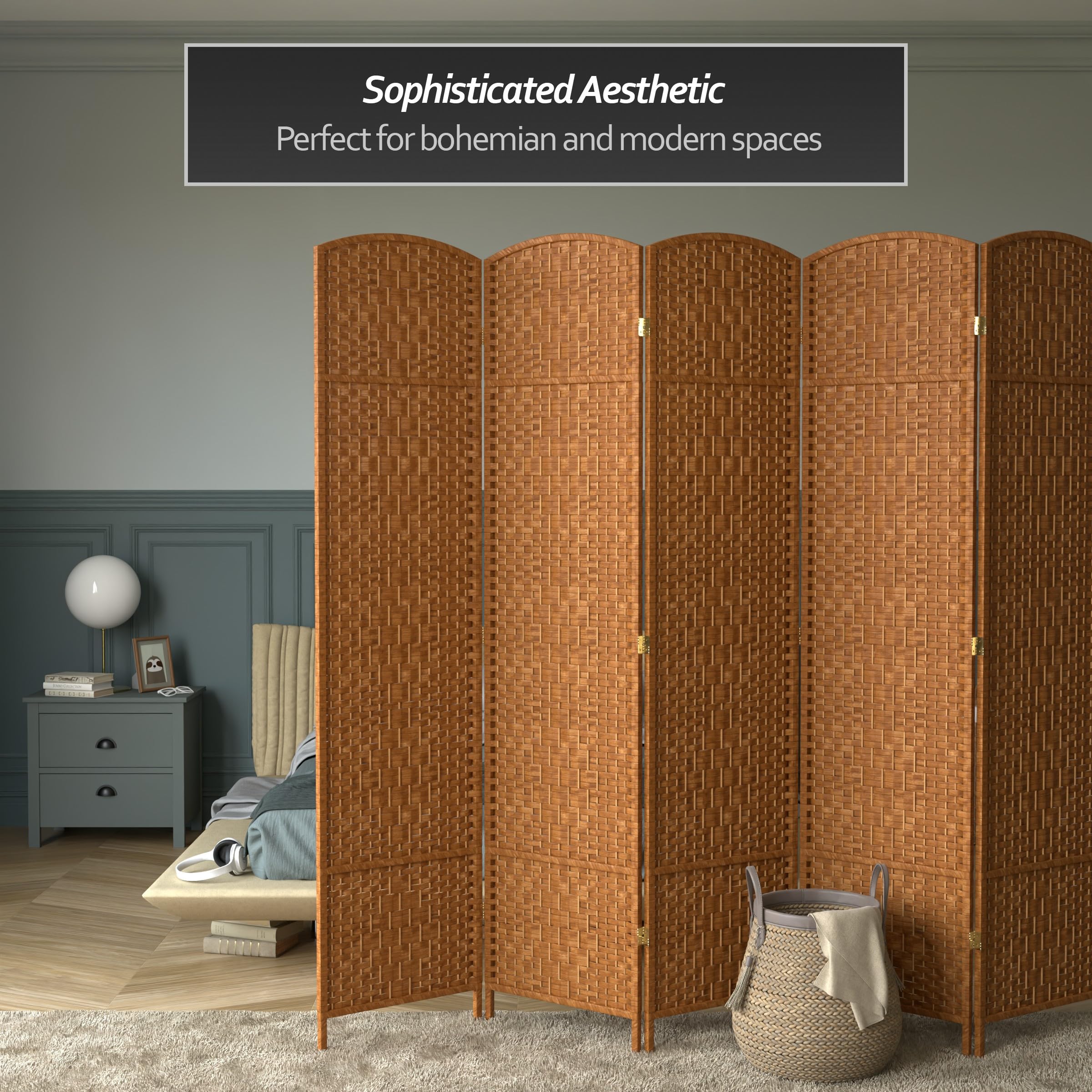 7 ft Tall Red Lantern Diamond Weave Dark Beige 6-Panel Room Divider - Freestanding Privacy Screen for Home, Office, or Outdoor Use
