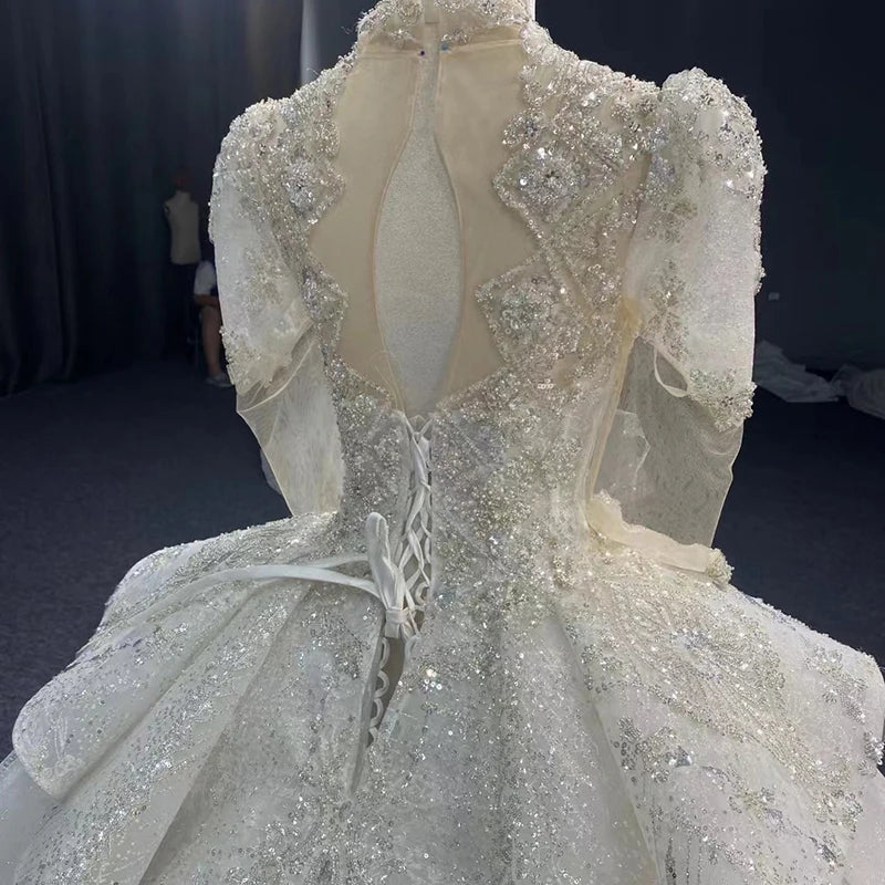 Elegant Women's Organza Ball Gown with Full Sleeves & Beaded Lace-Up Detail - Perfect for Prom, Evening Gala & Special Occasions