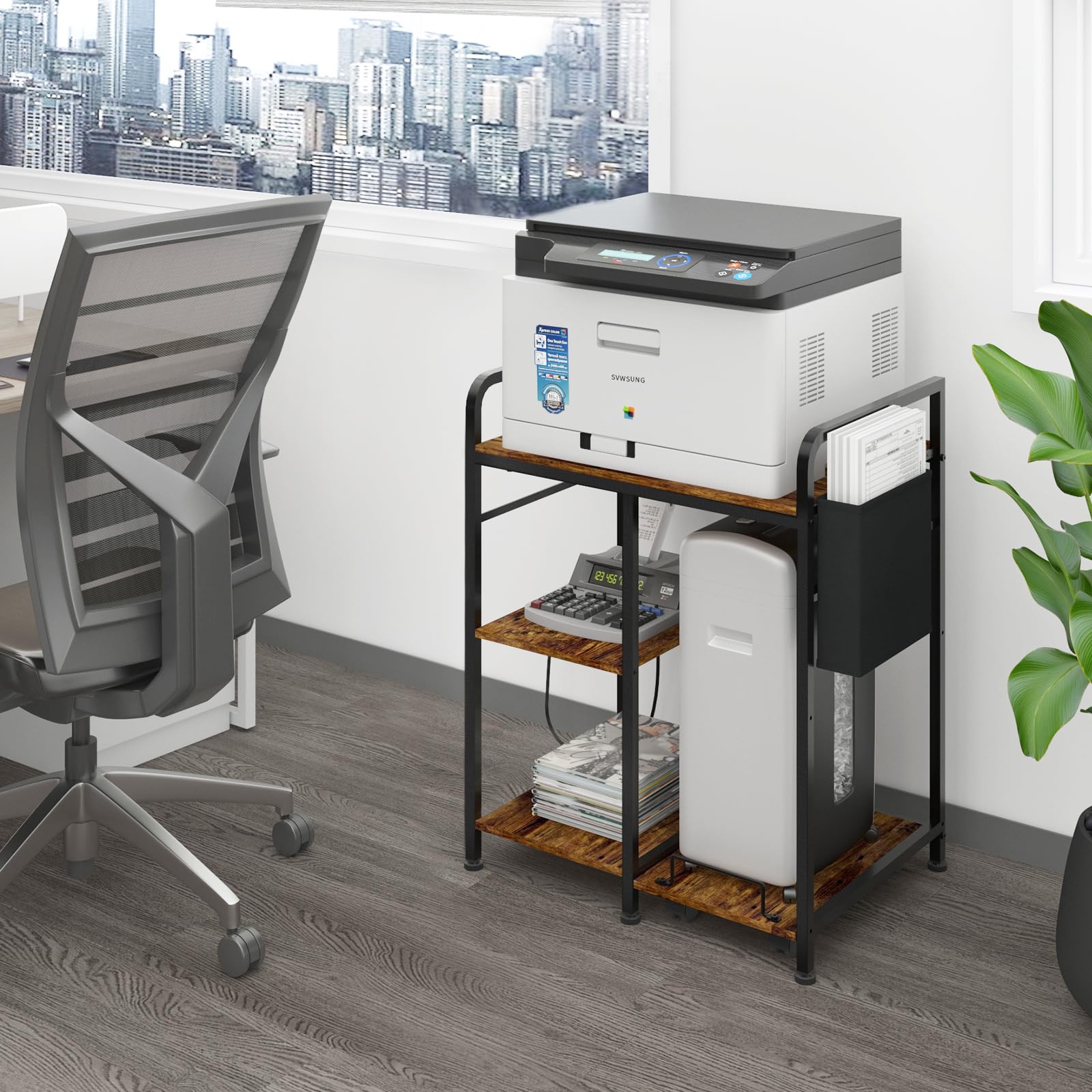 24x18 Inches Home Printer Stand with Charging Station - Large Printer & Shredder Stand with Storage Shelf - Rustic Brown Office Desk Organizer for Fax Machine, PC Tower - Perfect for Home Office Workspace