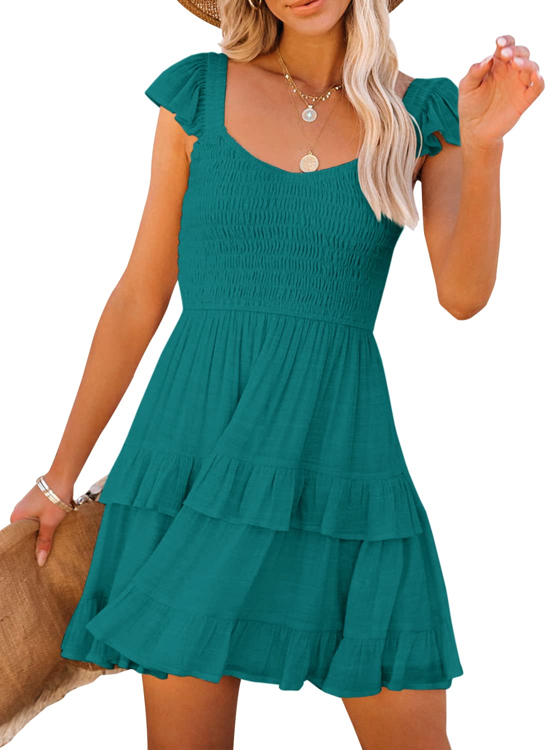 Yanekop Women's Baby Doll Dress - Ruffle Cap Sleeve, Smocked Mini Dress, Short Flowy Pleated Summer Dress for Casual Outings, Beach Vacations & Date Nights