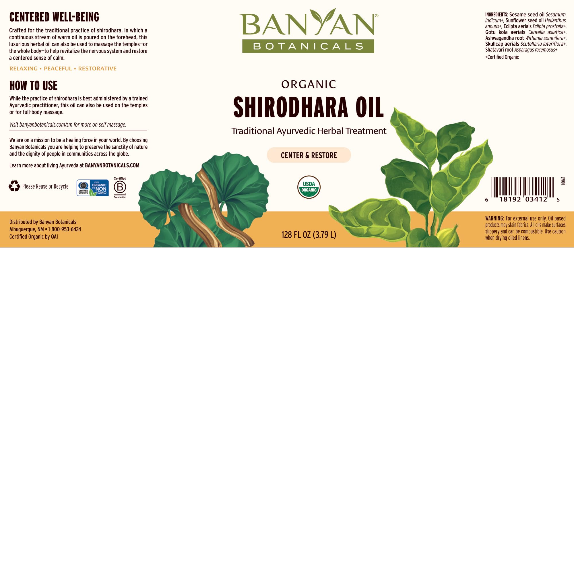 Organic Shirodhara Massage Oil by Banyan Botanicals - 128 oz Relaxing & Therapeutic Ayurvedic Oil with Bhringaraj, Gotu Kola & Shatavari - Non-GMO, Sustainably Sourced for Abhyanga & Stress Relief - Perfect for Spa, Yoga & Self-Care Rituals