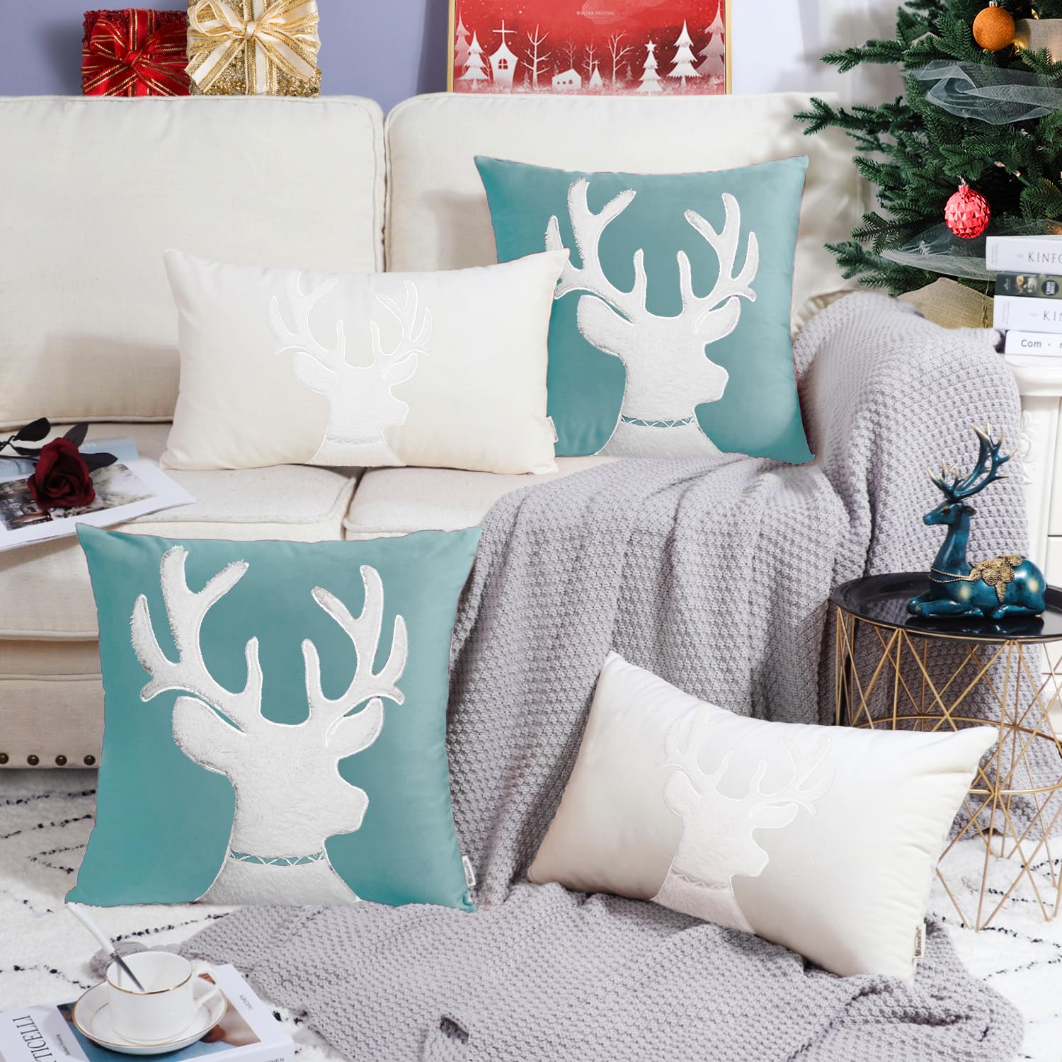 BRAWARM Christmas Pillow Cover 20x20 Inches - Teal Reindeer Embroidered Velvet Throw Pillow Case for Couch, Bed, Sofa - Cozy Holiday Home Decor for Living Room, Bedroom & Christmas Party Decoration