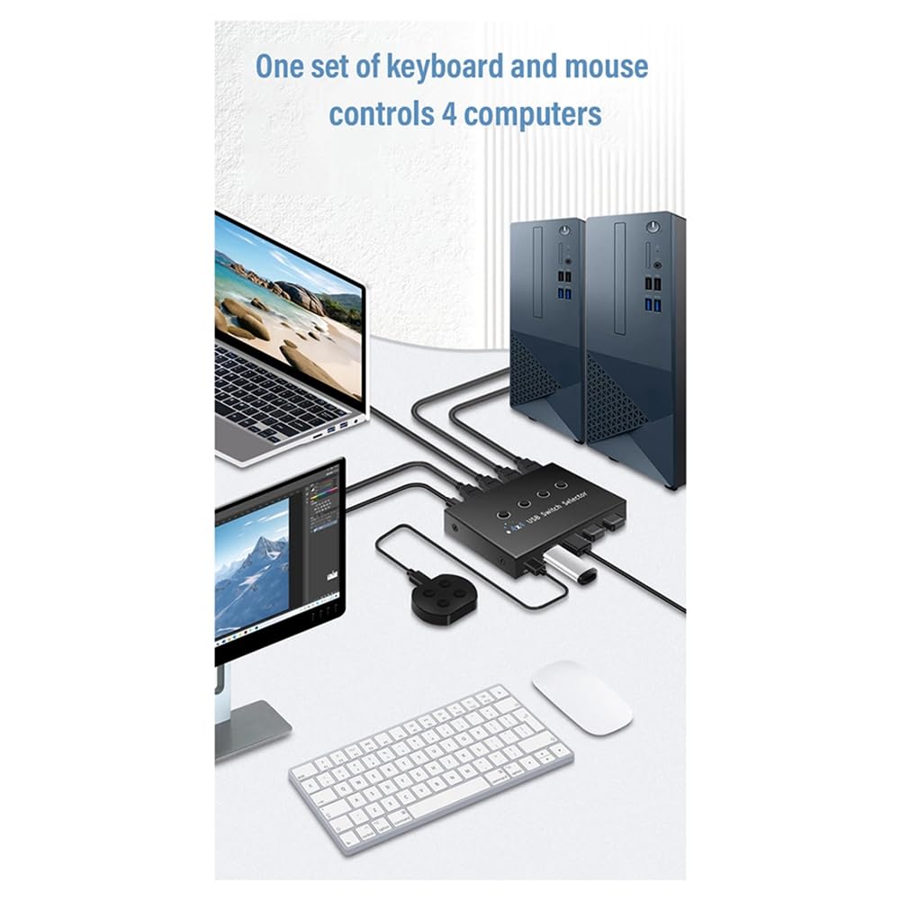 JUJNE USB 3.0 KVM Switch 4 Port - 4 Computer Sharing Device for PC, Laptop, Printer, Mouse & Keyboard - High-Speed USB 3.0 Hub for Home Office & Gaming Setup