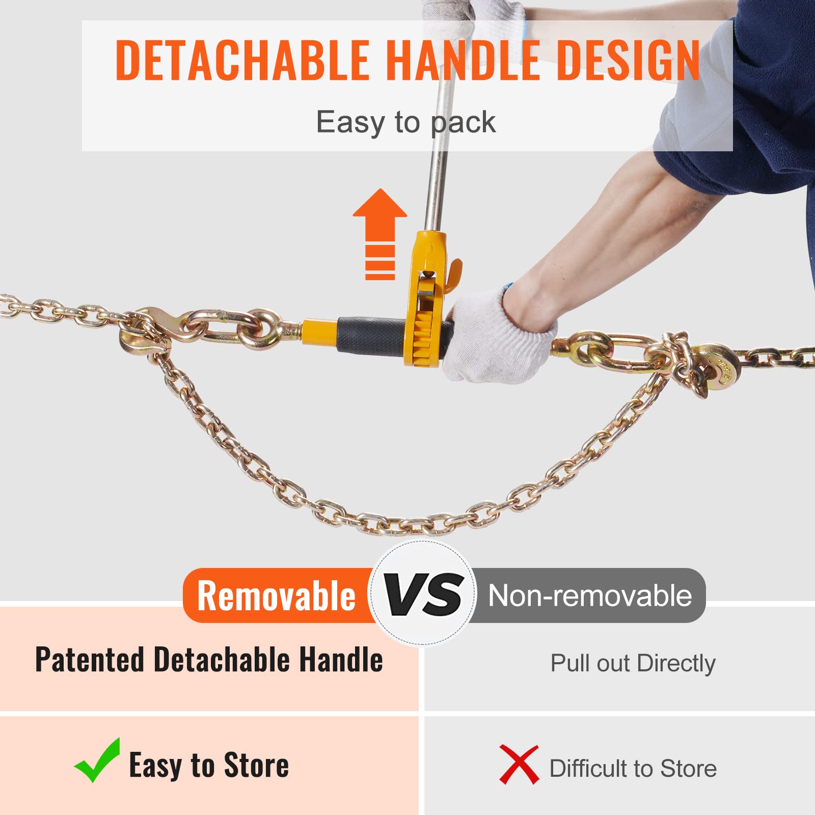 VEVOR Heavy Duty Ratchet Chain Binder 5/16-3/8 Inch with G80 Chain - 7100 lbs Load Capacity, Detachable Anti-Skid Handle - 2 Pack Black & Yellow - for Flatbed Trailers, Cargo Securing, Trucking & Transport - Great for Construction, Landscaping, Towing Equipment & DIY Projects