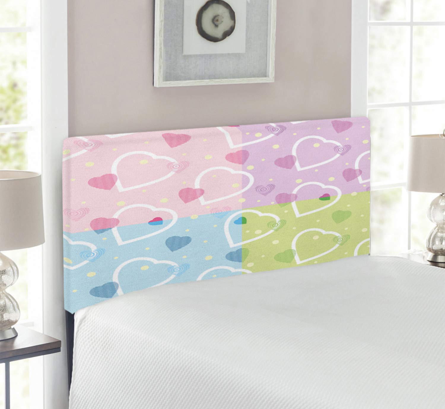 Ambesonne Valentine Upholstered Headboard - Twin Size with Memory Foam, Colorful Heart & Dot Design for Romantic Bedroom Decor | Perfect for Valentine's Day Gifts & Master Bedroom Makeover