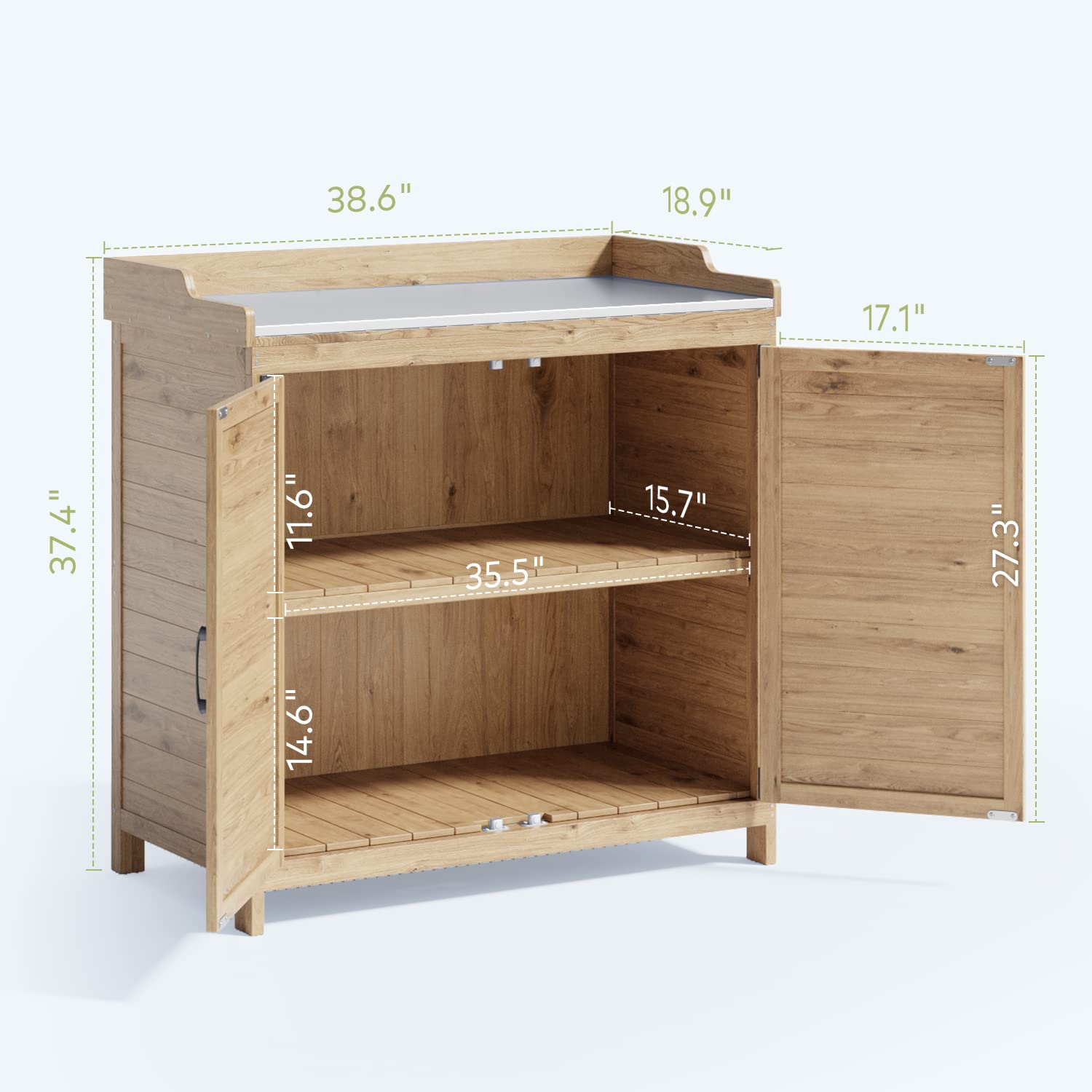 Gizoon Outdoor Potting Bench with Metal Tabletop & Adjustable Shelf - Wooden Garden Storage Cabinet with Double Doors - Perfect for Backyard, Patio, Lawn Gardening & DIY Projects - Natural Finish