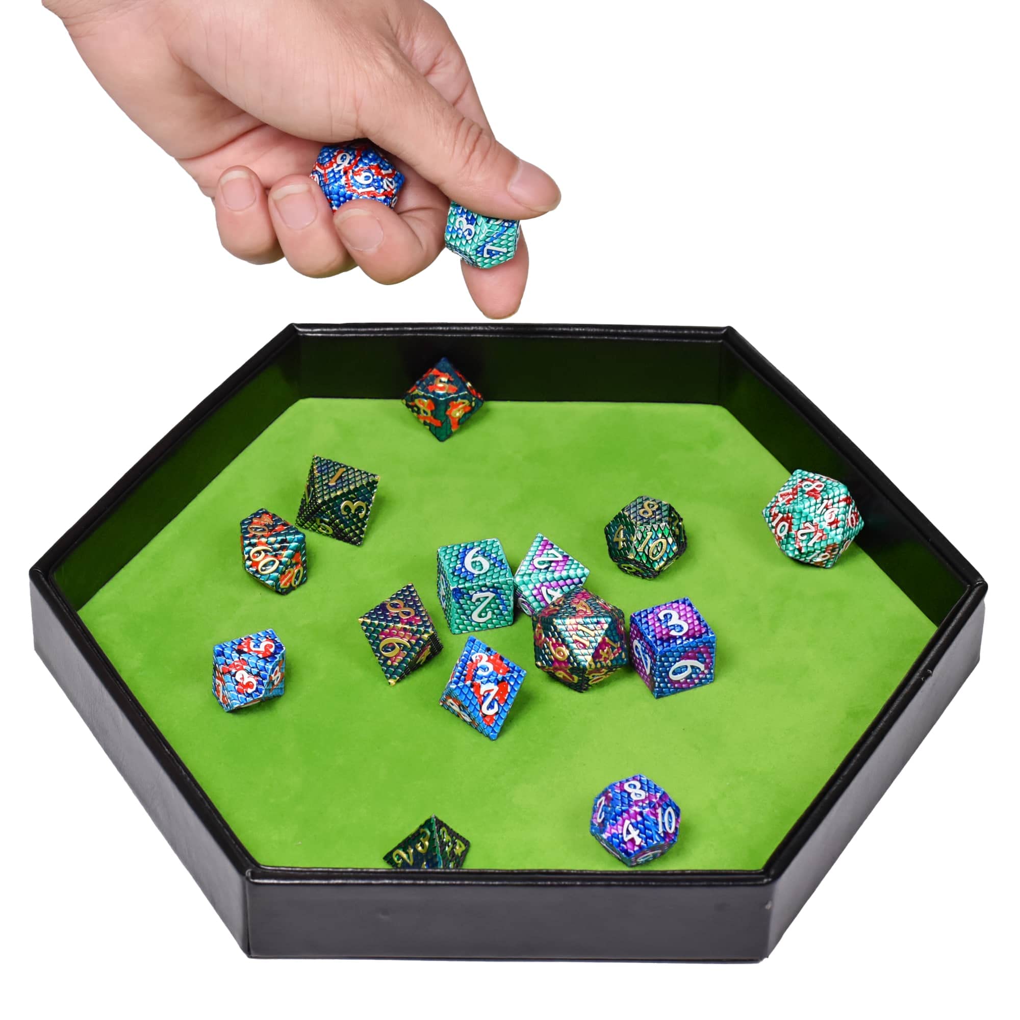 Premium Hexagonal D&D Dice Tray - 2-in-1 Rolling & Storage Tray with Faux Leather, Green Gaming Accessory for D&D, MTG, Dice Arena - Perfect for Tabletop RPG Sessions & Board Game Nights