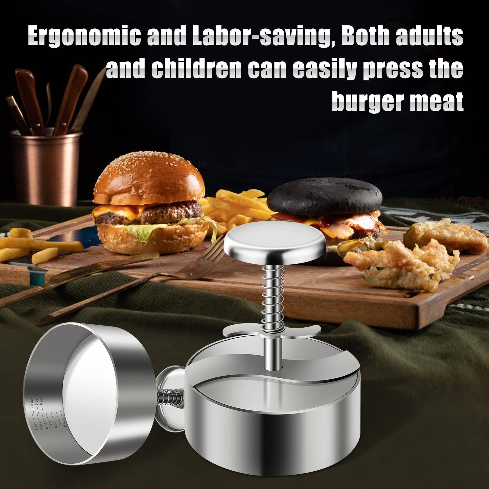 **Stainless Steel Burger Press - Adjustable Hamburger Patty Maker for BBQ & Cooking | 304 Non-Stick & BPA-Free Meat Press for Beef, Burgers & Homemade Hamburgers | Perfect for Grilling, Picnics & Backyard Parties**