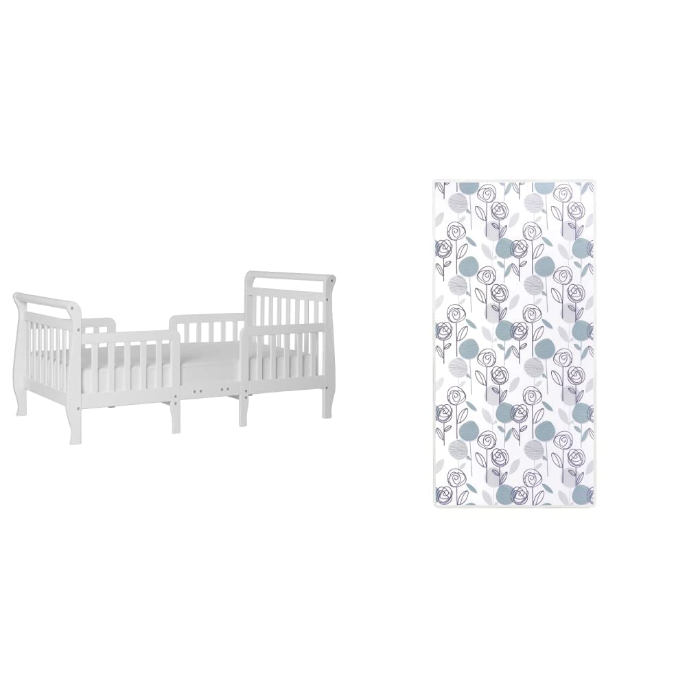 Dream On Me Emma 3-in-1 Convertible Toddler Bed with Floral Dreams Firm Fiber Standard Crib Mattress in Teal | Greenguard Gold & JPMA Certified | Safe Nursery & Kids Room Furniture for Toddler Transition