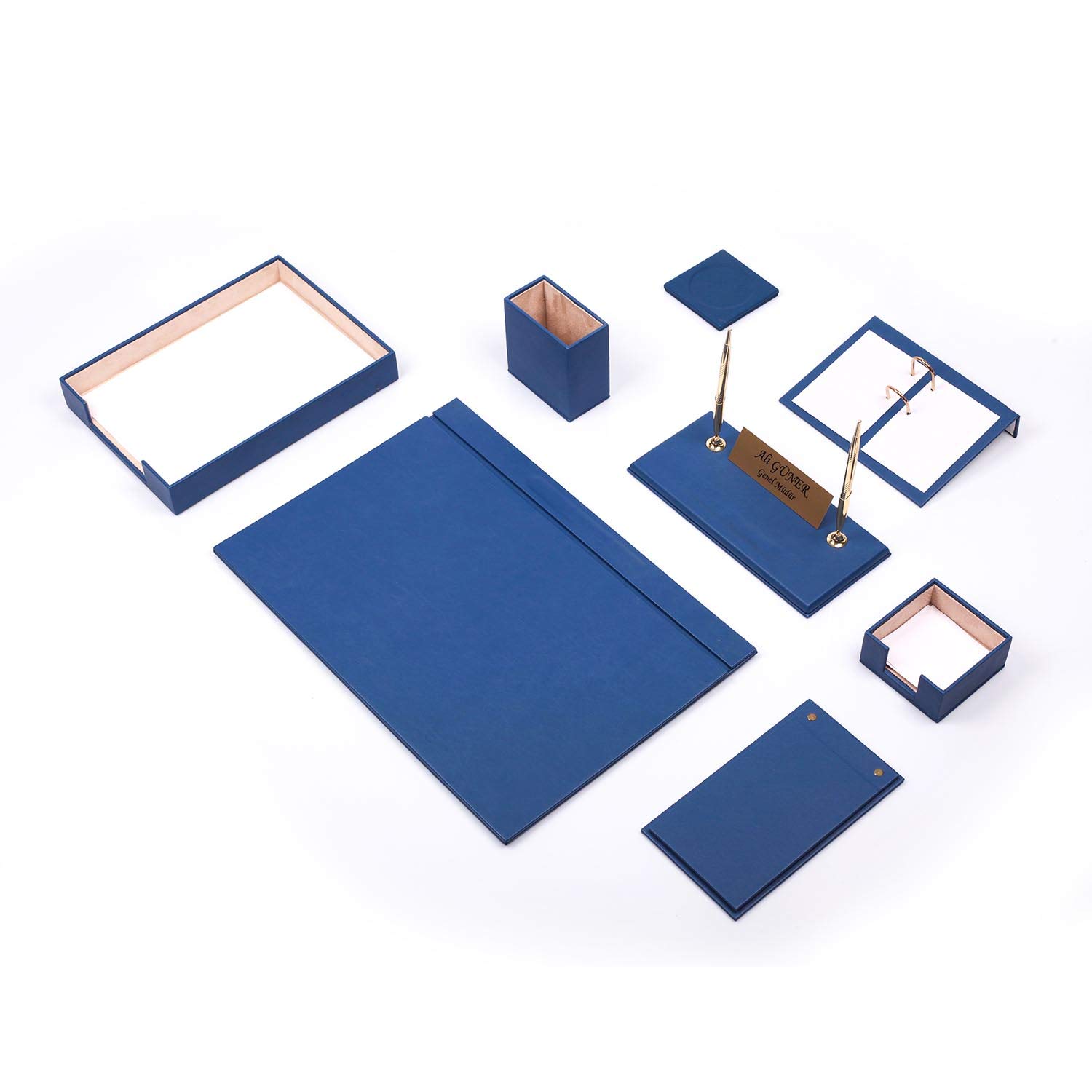 Premium Bonded Leather Desk Organizer Set - 10-Piece Office Desk Accessories with Single Document Tray - Elegant Blue Desk Supplies for Home & Office Organization - Perfect for Files, Stationery, and Workspace Decluttering